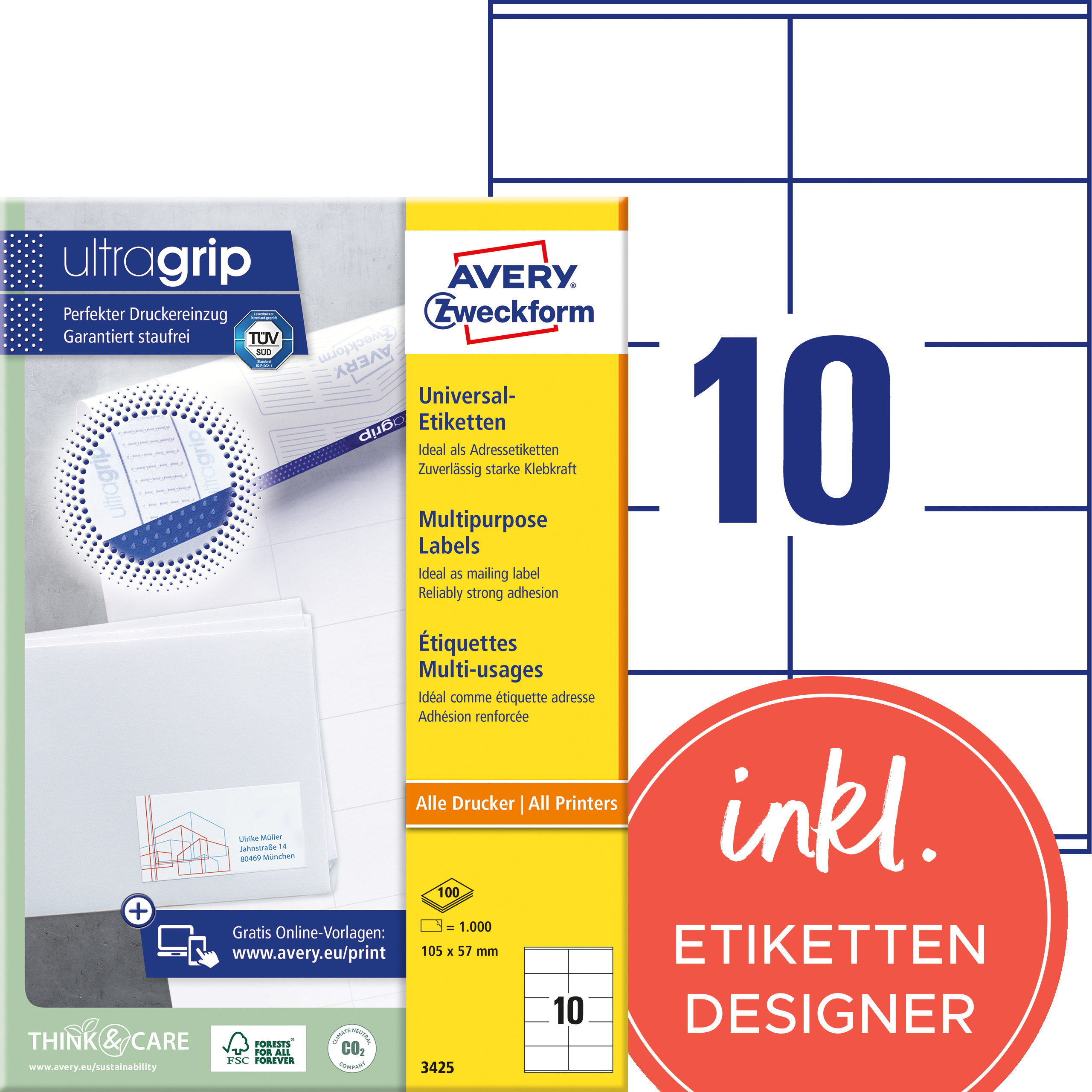 photo AVERY ZWECKFORM Etiquettes 105x57mm 3425 blanc 1000 pcs./100 flls.