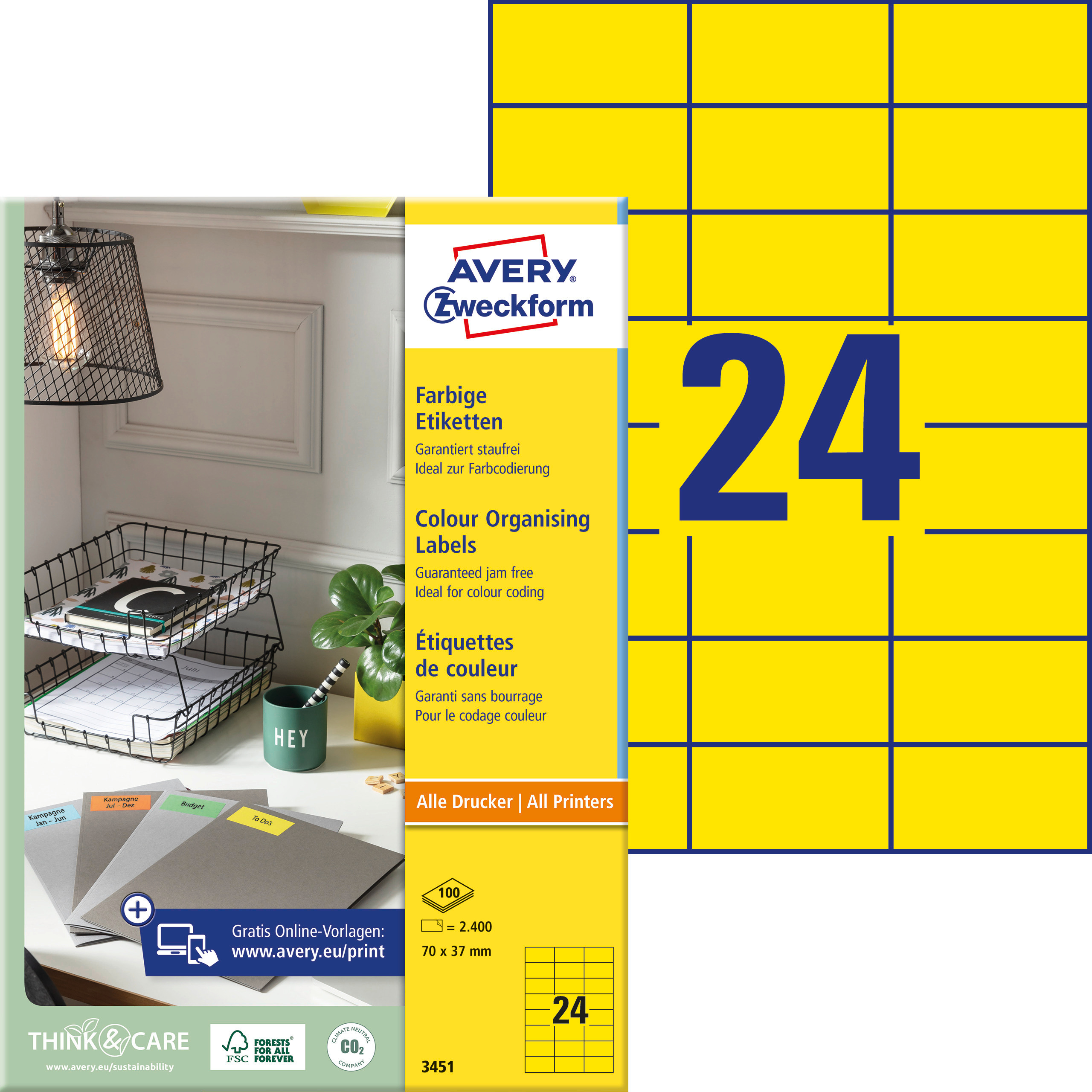 AVERY ZWECKFORM Etiquettes 70x37mm 3451 Universel, jaune 100fl./24pc. Universel, jaune 100fl./24pc.