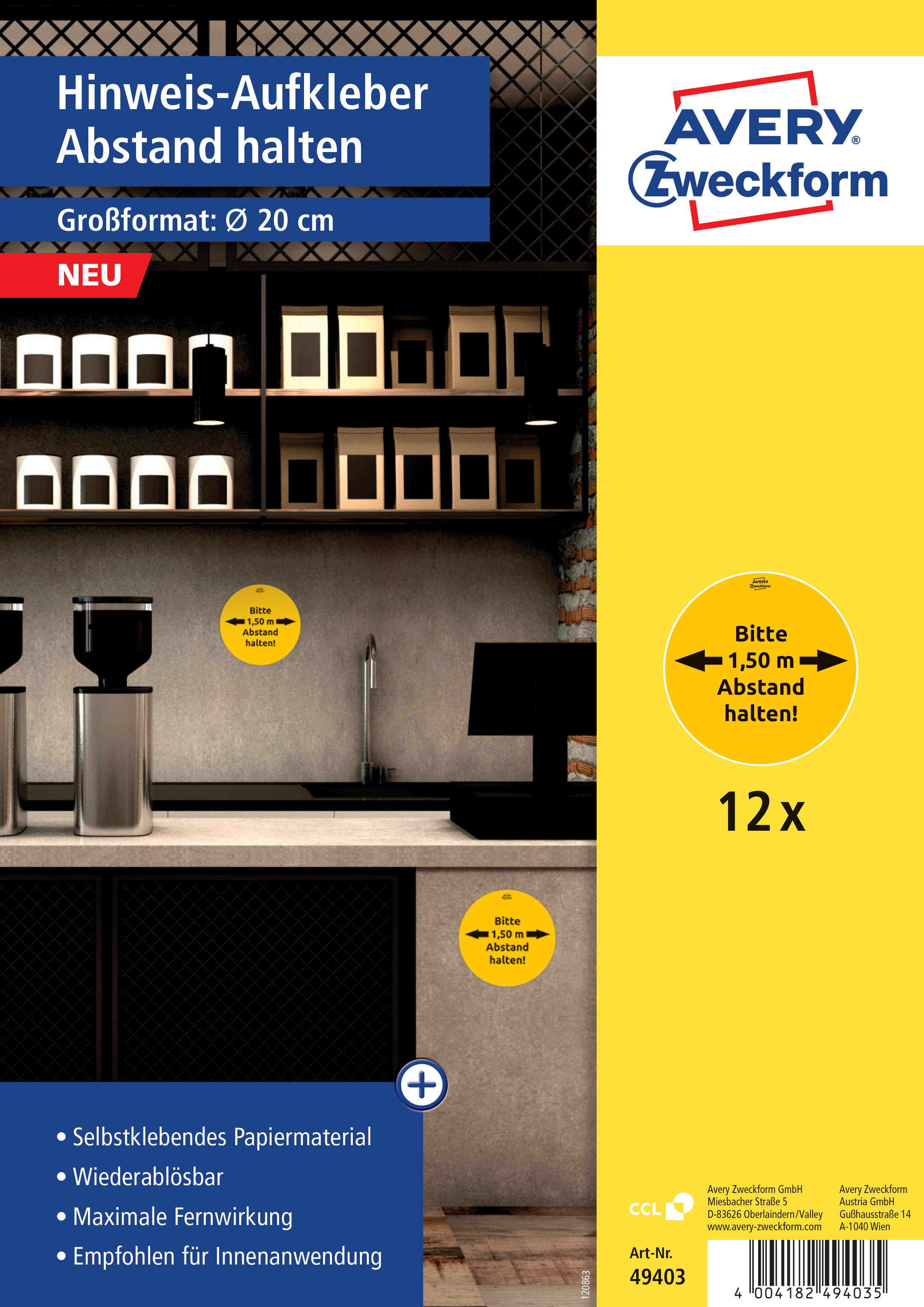 photo AVERY ZWECKFORM Injonction DE 20cm 49403 Abstand halten 12 pcs.