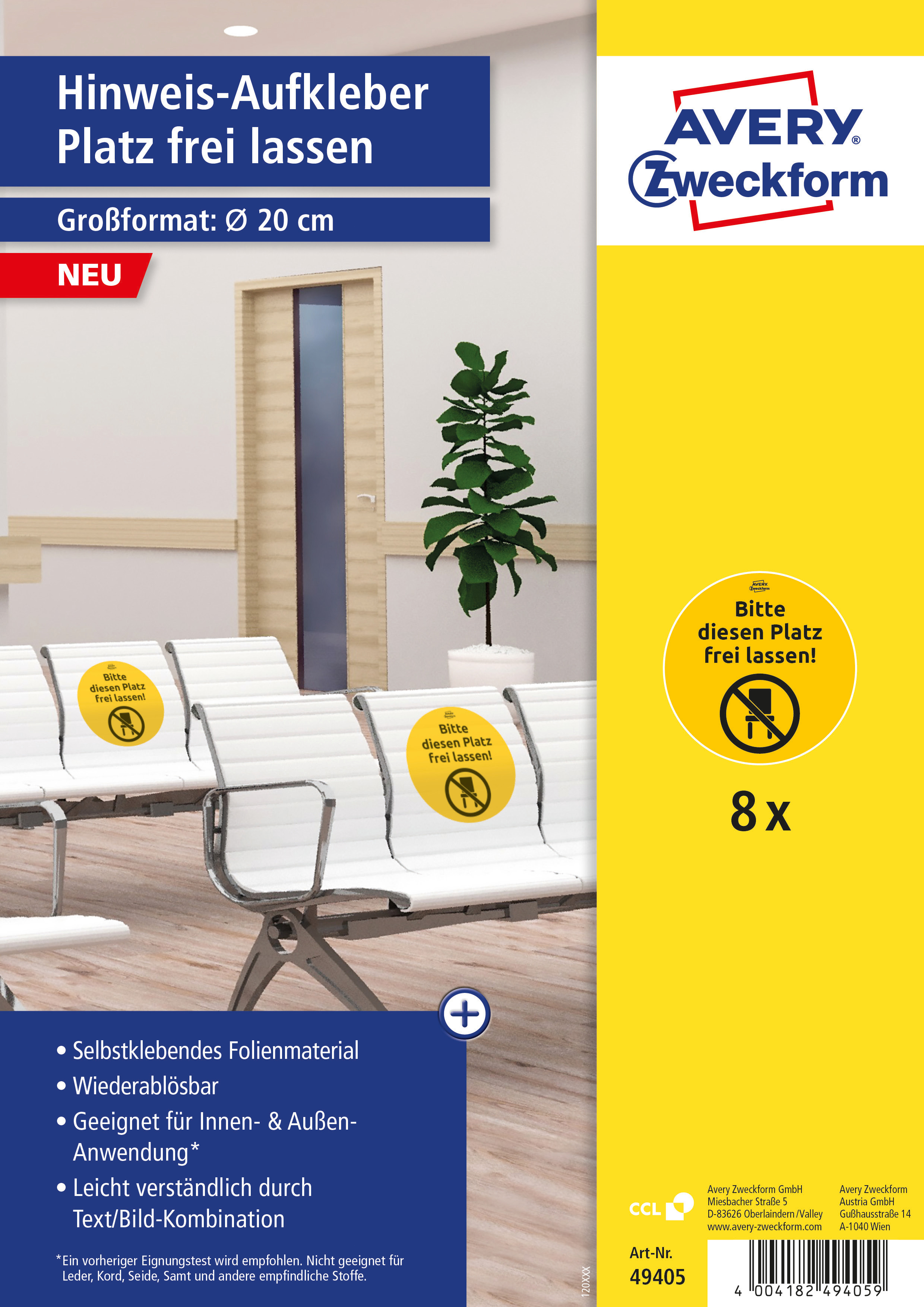 photo AVERY ZWECKFORM Injonction DE 20cm 49405 Platz frei lassen 8 pcs.