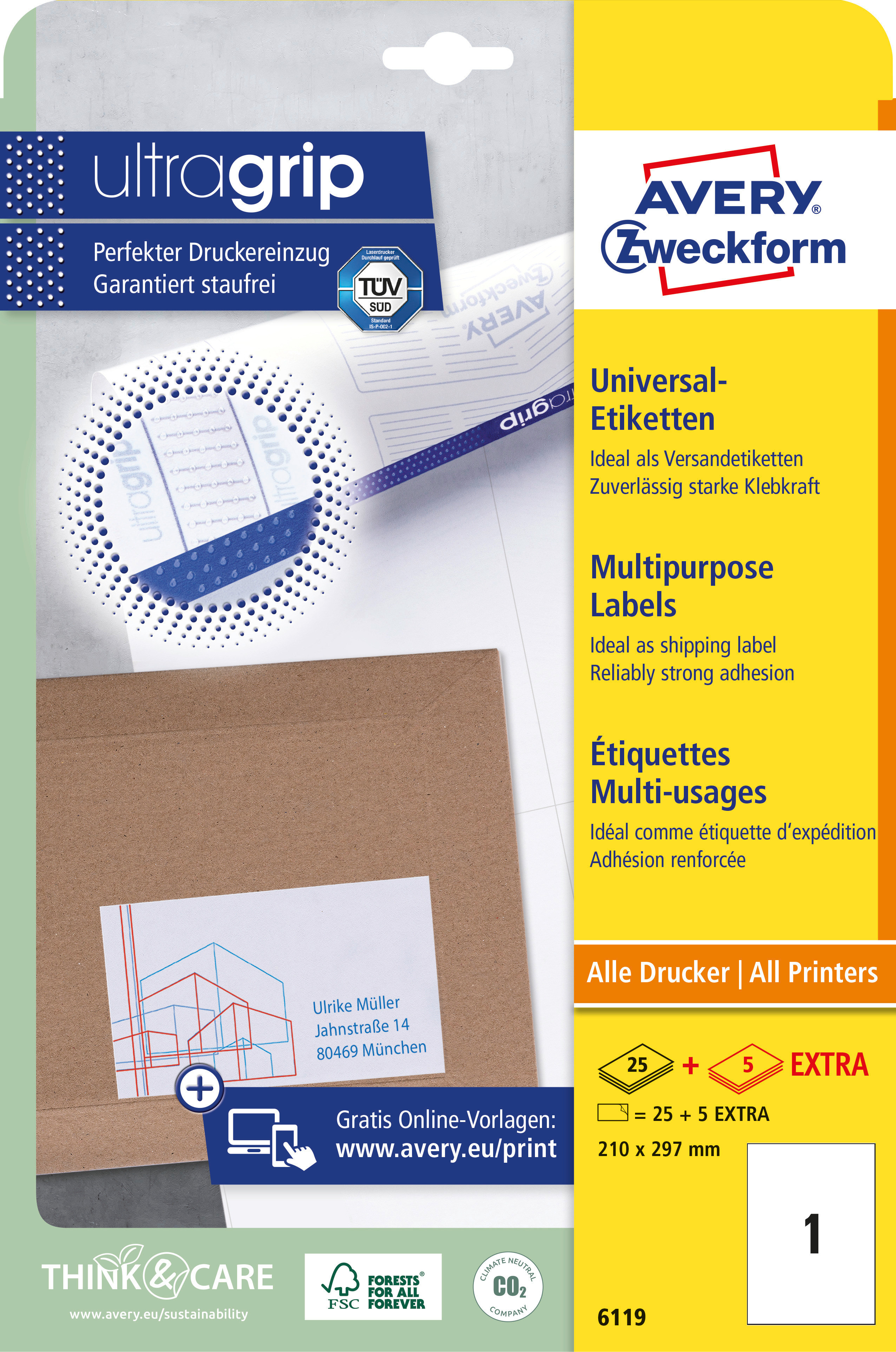 AVERY ZWECKFORM Étiquettes univers. 210x297mm 6119 blanc 30 pcs./25 + 5 flls.