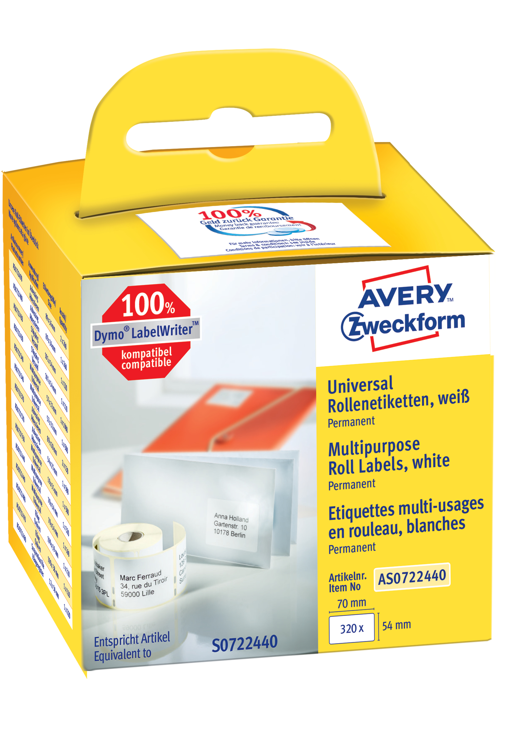 AVERY ZWECKFORM Etiquettes universell. 70x54mm AS0722440 blanc, rouleau 320 pcs.