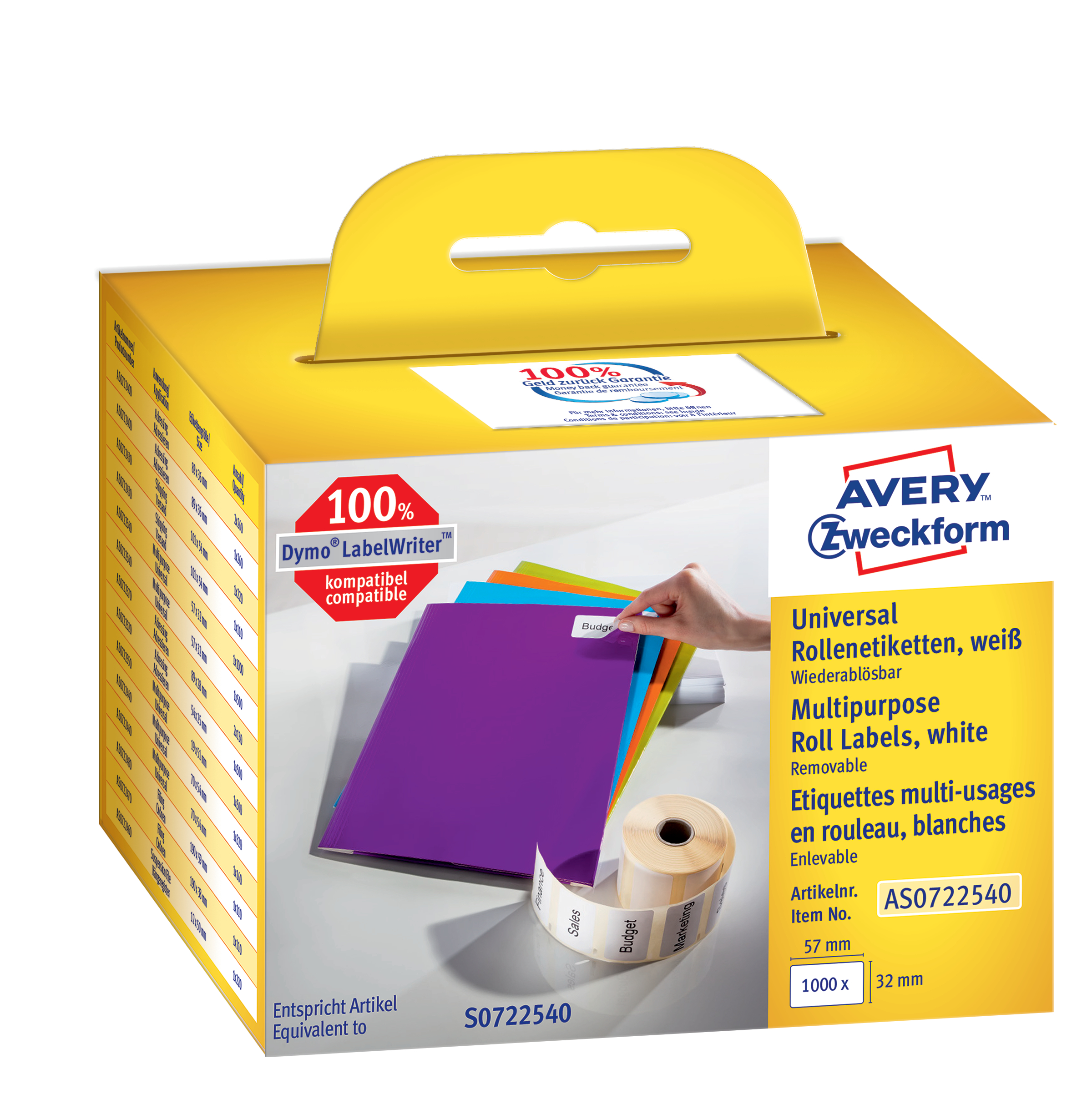 AVERY ZWECKFORM Etiquettes universell. 57x32mm AS0722540 blanc, rouleau 1000 pcs. blanc, rouleau 100