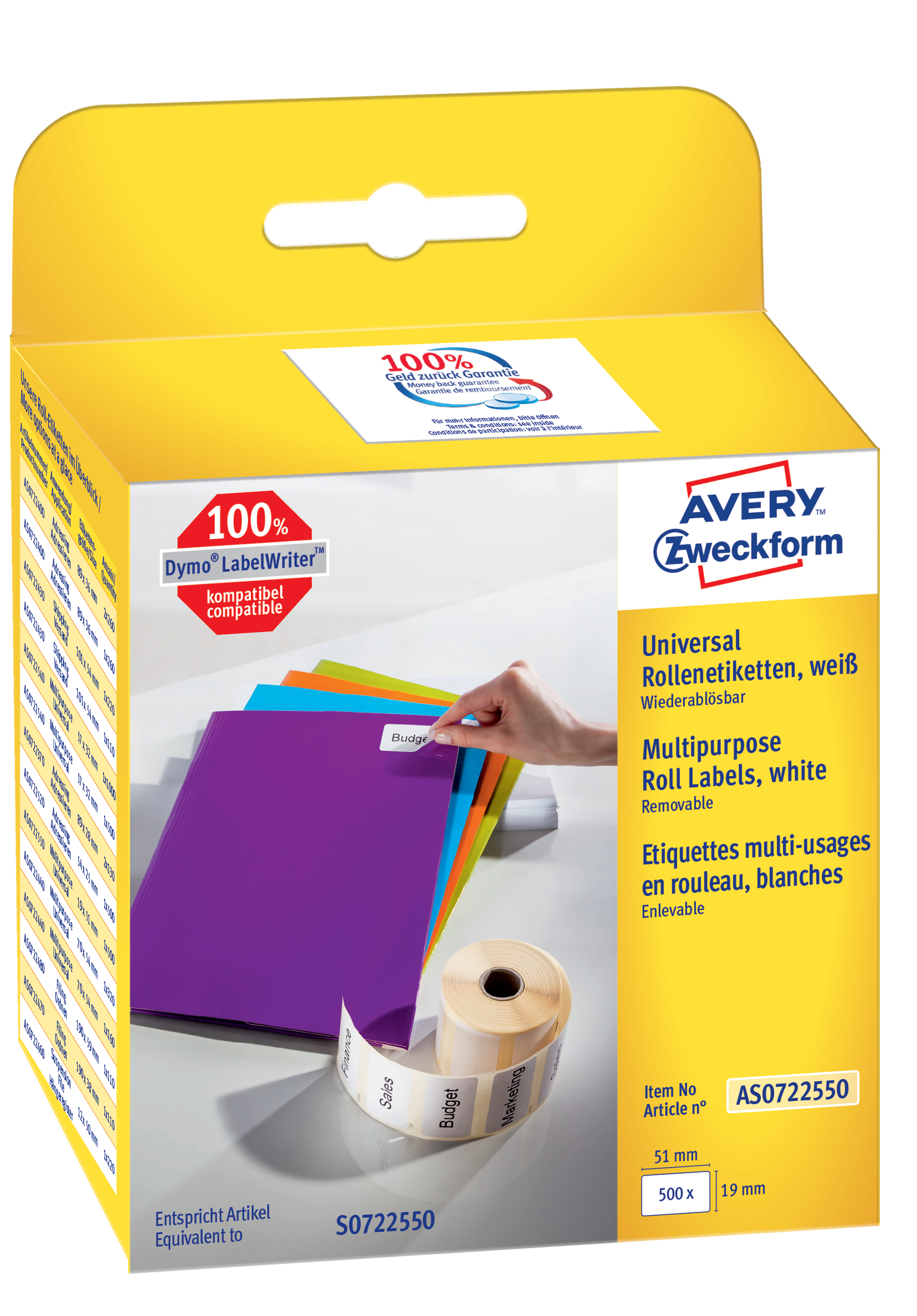 AVERY ZWECKFORM Etiquettes universell. 19x51mm AS0722550 blanc, rouleau 500 pcs.