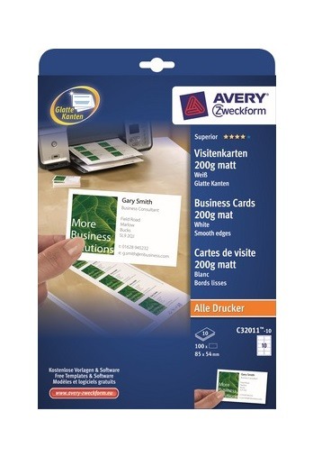 AVERY ZWECKFORM Carte de visite mat 85x54mm C32011-10 Univer.200g, blanc 10f./10pcs.