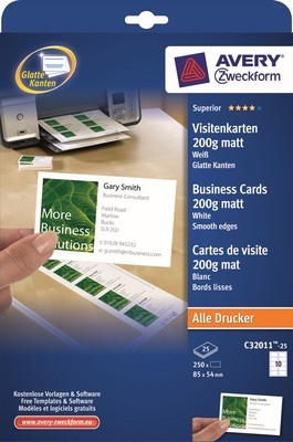 AVERY ZWECKFORM Carte de visite mat 85x54mm C32011-25 Univer.200g,blanc 25f./10pcs.