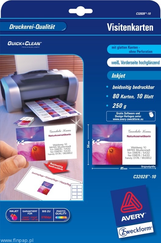 AVERY ZWECKFORM Cartes de visite InkJet A4 C32028-10 240g glossy double-face 10 fl.