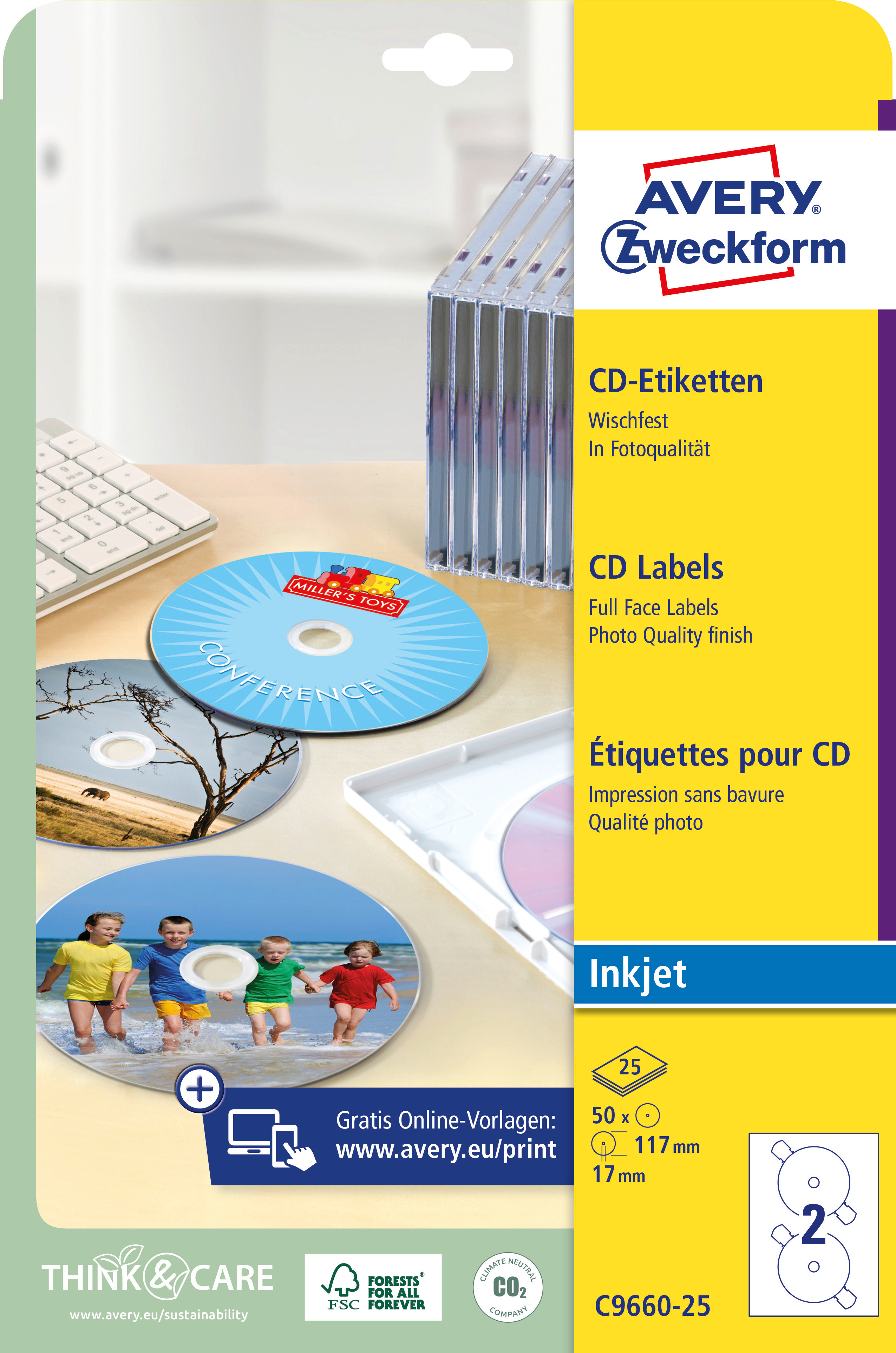 AVERY ZWECKFORM Etiquettes CD glossy 117mm C9660-25 InkJet,SuperSize 50pcs./25fl.