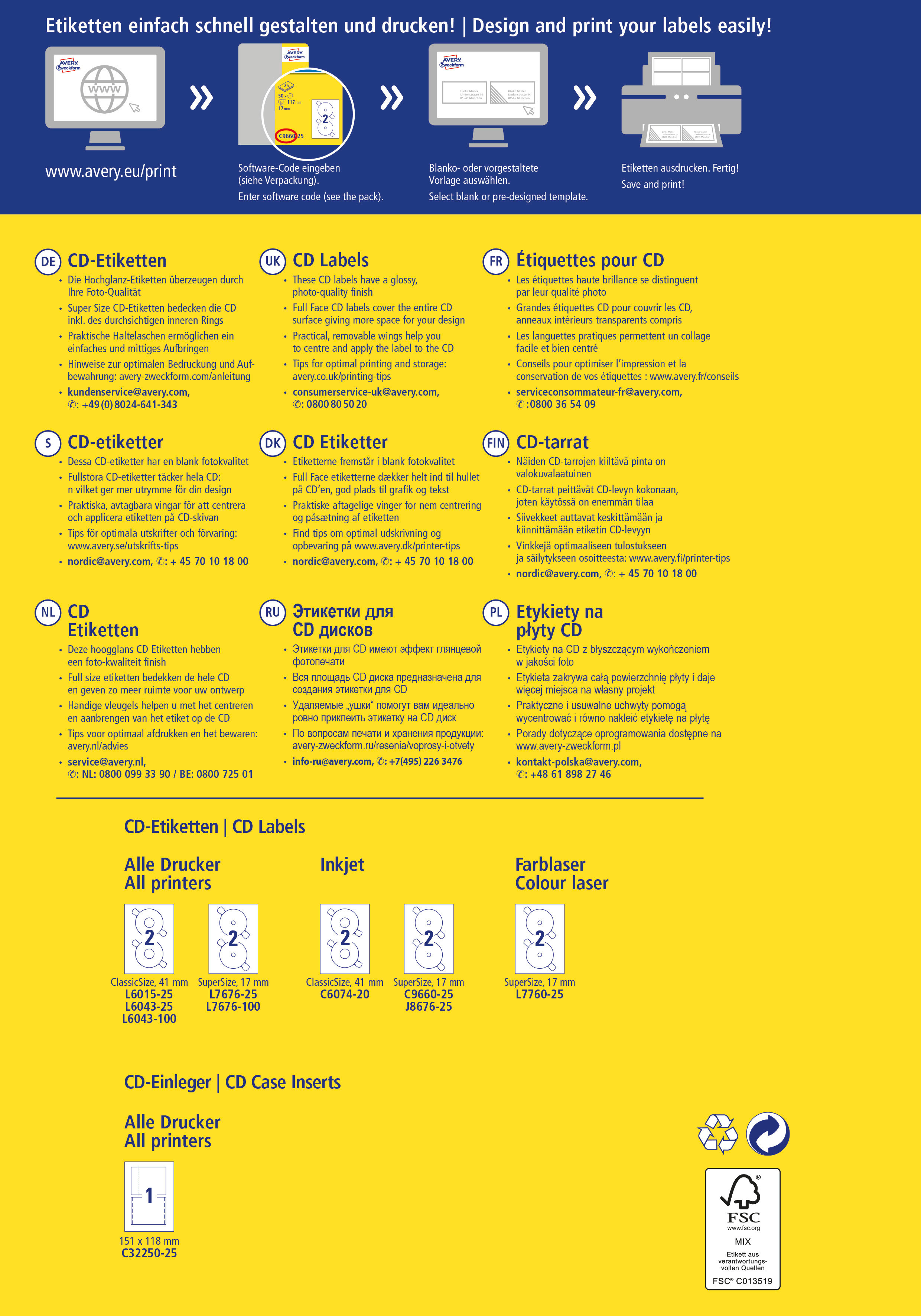 AVERY ZWECKFORM Etiquettes CD glossy 117mm C9660-25 InkJet,SuperSize 50pcs./25fl.