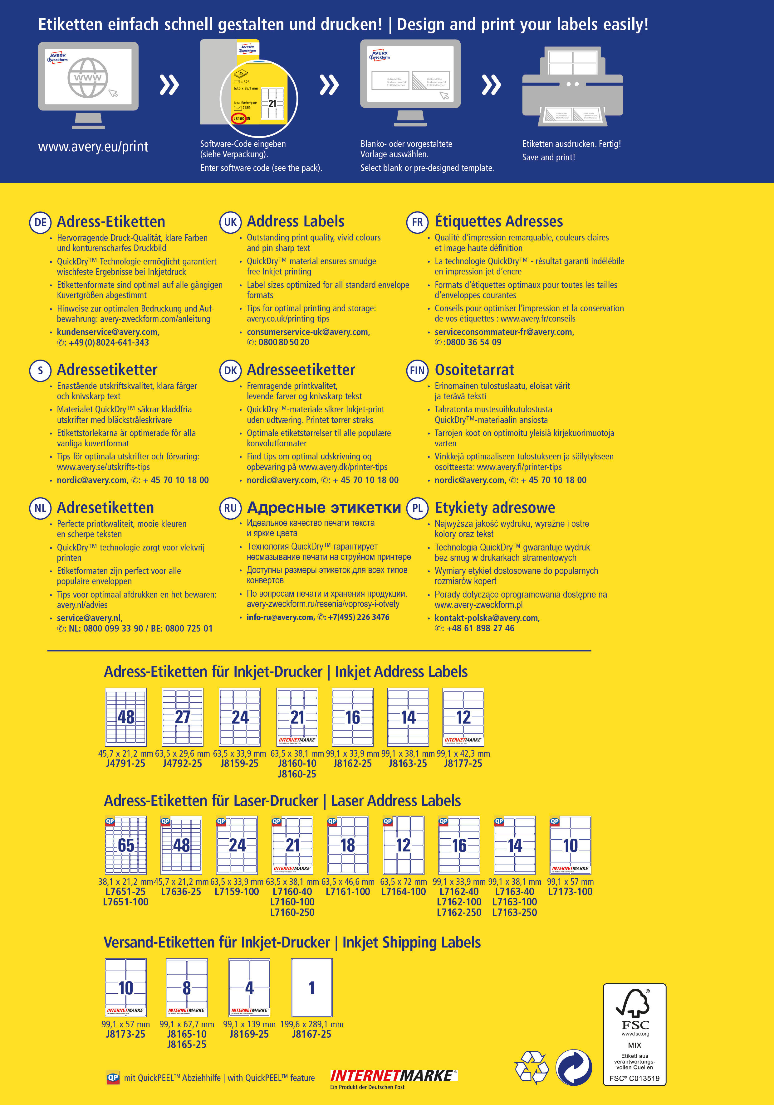 AVERY ZWECKFORM Étiquett.univers. 63,5x29,6mm J4792-25 InkJet, blanc 675pcs./25fl.