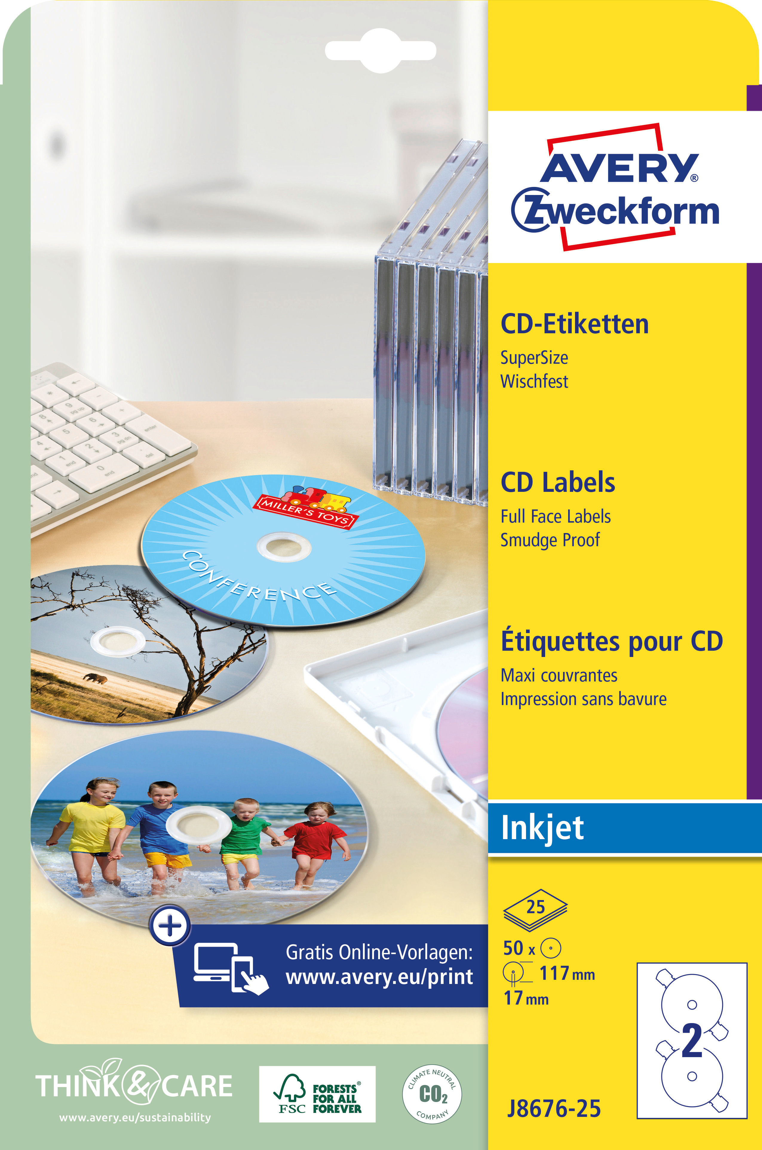 AVERY ZWECKFORM Étiquett.CD Supers. 117mm J8676-25 InkJet, blanc 50pcs./25fl.