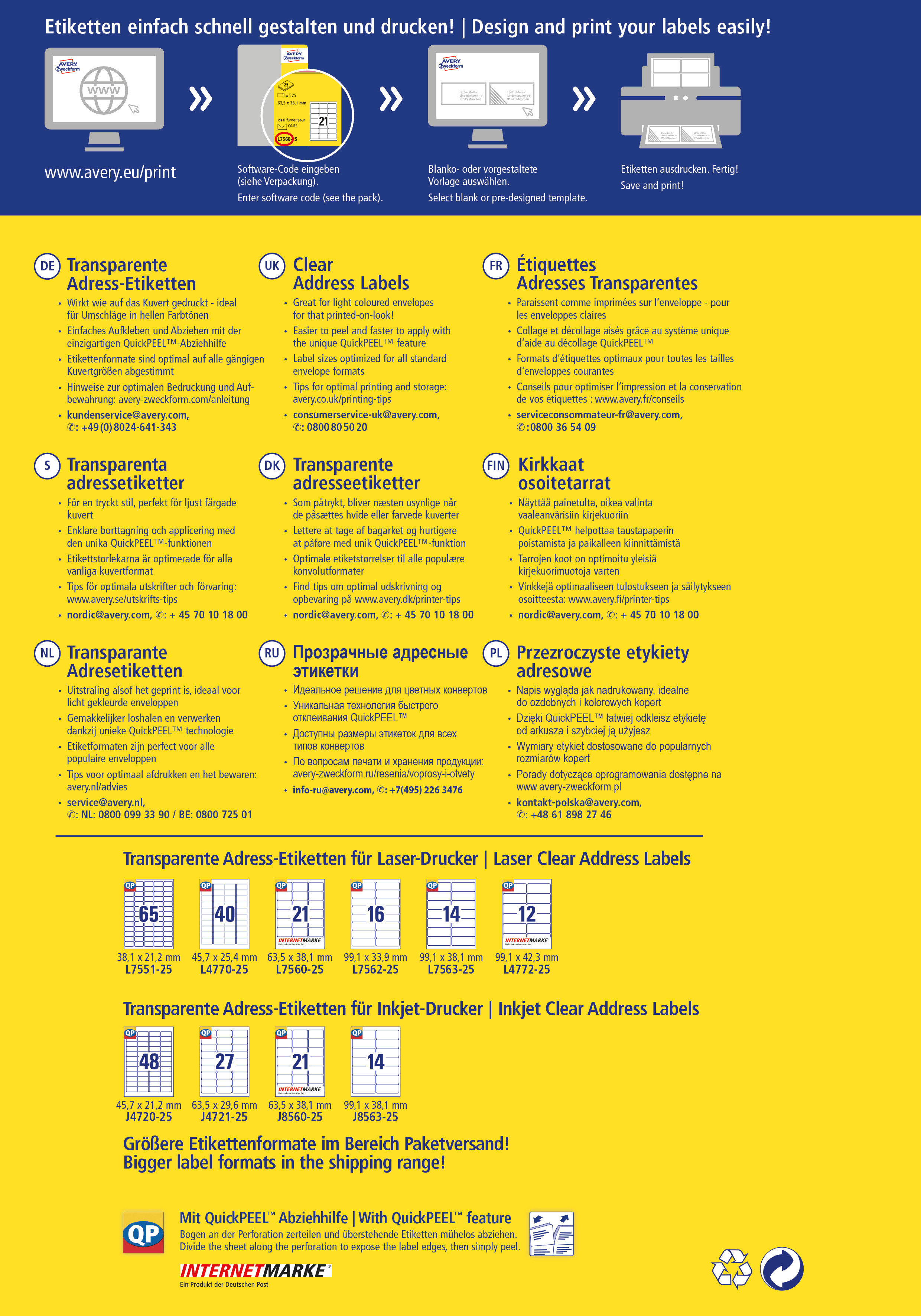 AVERY ZWECKFORM Etiquettes adress. 99,1x42,3mm L4772-25 Laser, transp. 300pcs./25fl.