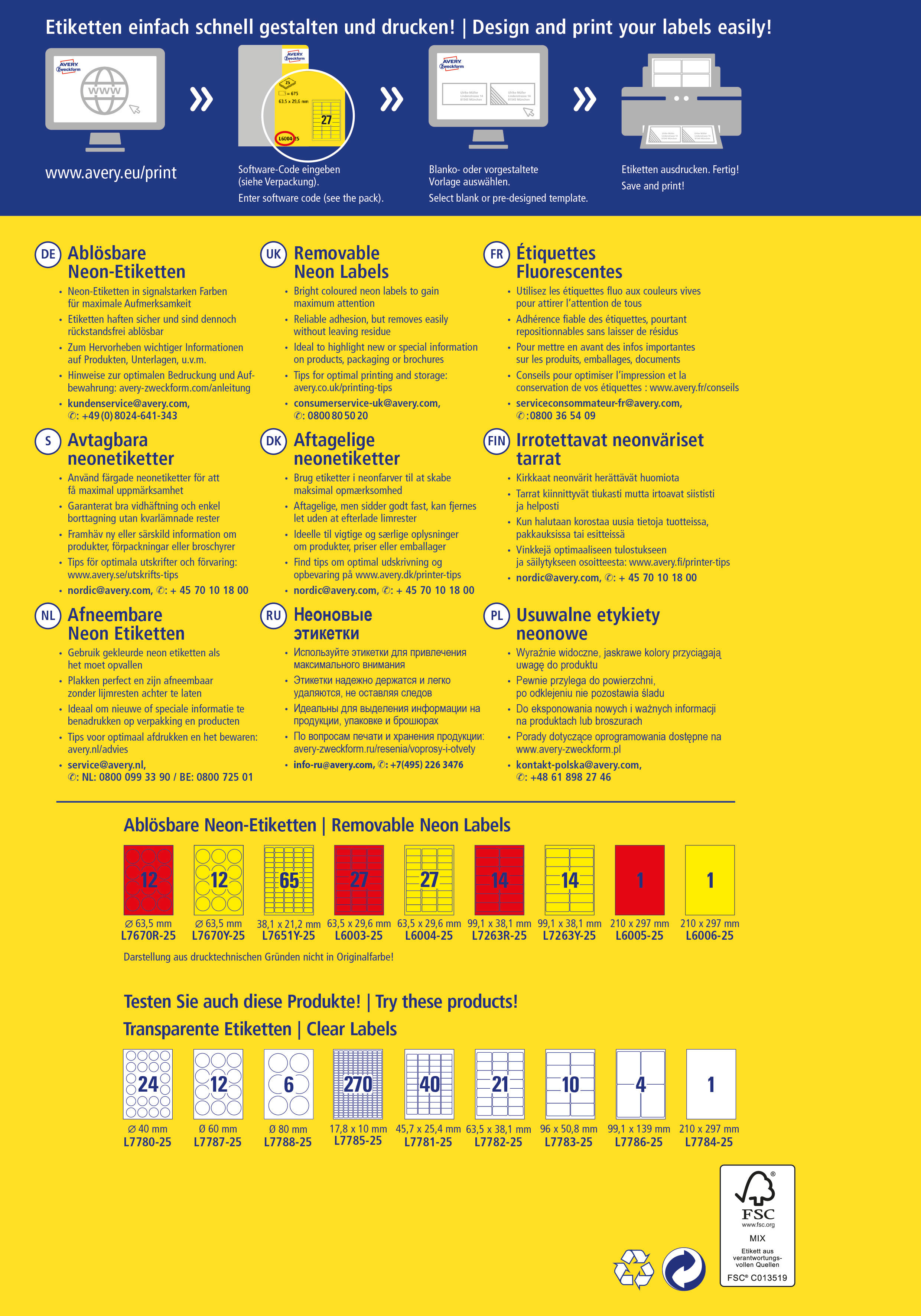 AVERY ZWECKFORM Étiquettes 63,5x29,6mm L6004-25 jaune,non-perm. 675pcs./25fl.