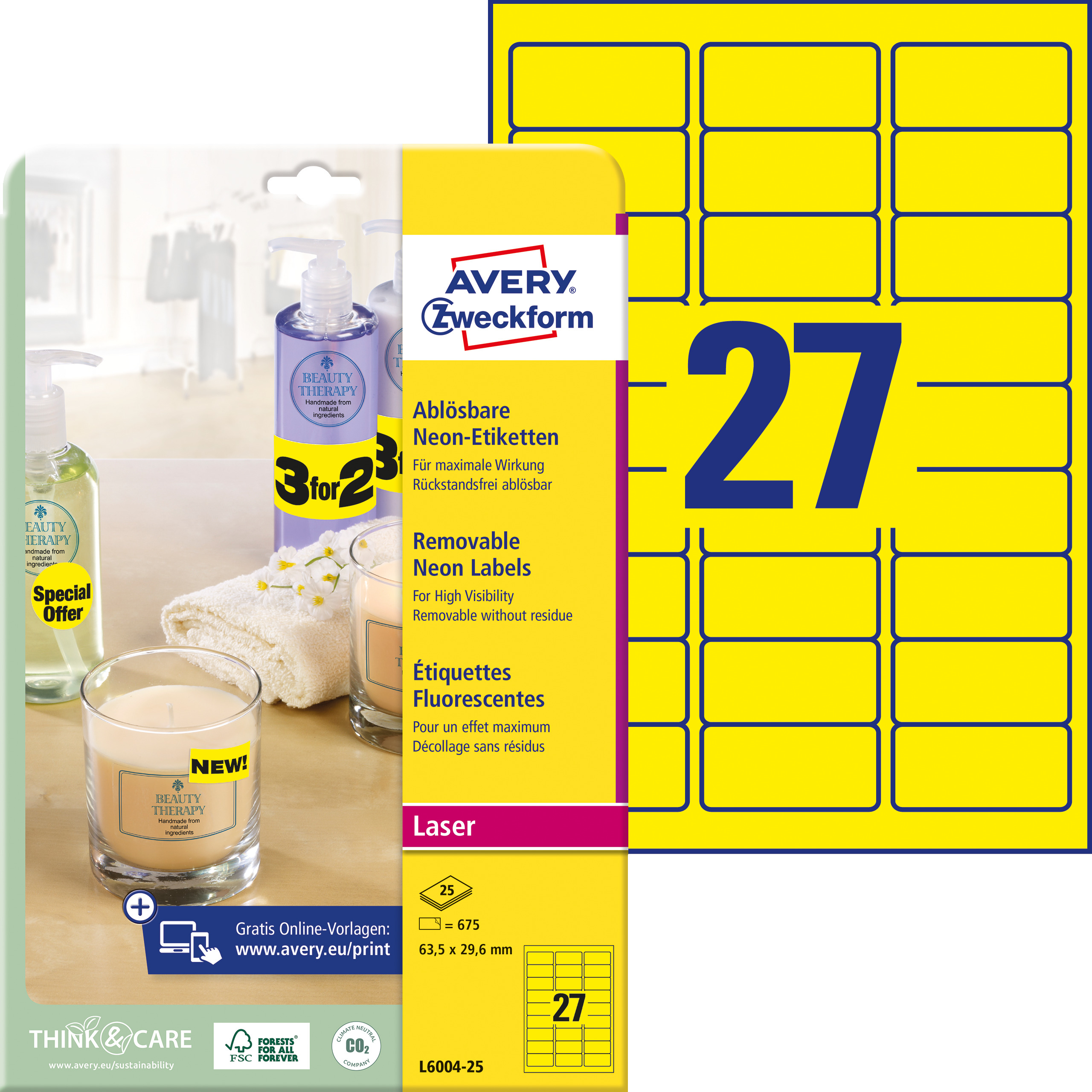 AVERY ZWECKFORM Étiquettes 63,5x29,6mm L6004-25 jaune,non-perm. 675pcs./25fl.