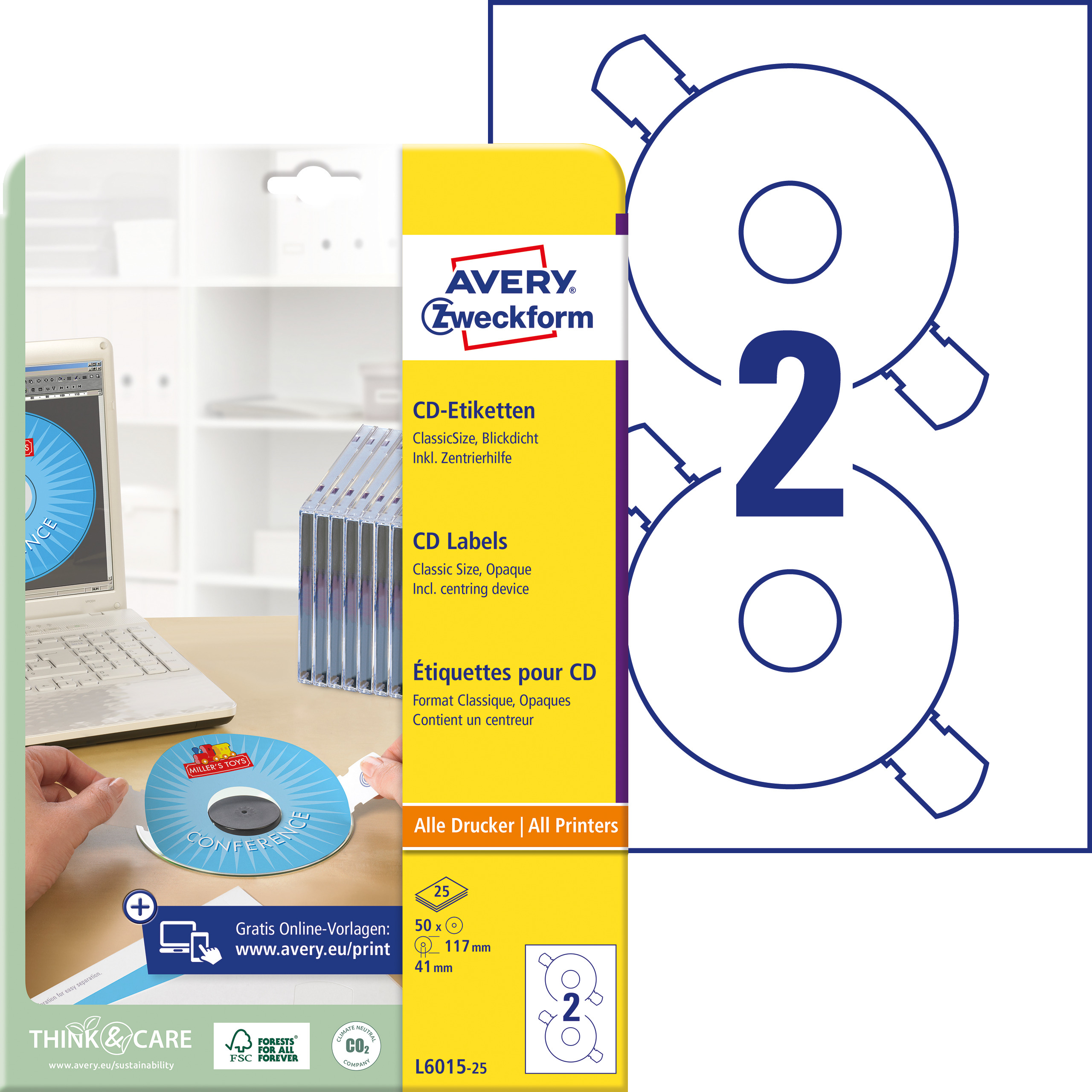 AVERY ZWECKFORM Etiquettes CD 117mm L6015-25 Universel, blanc 25flls./2pcs. Universel, blanc 25flls.