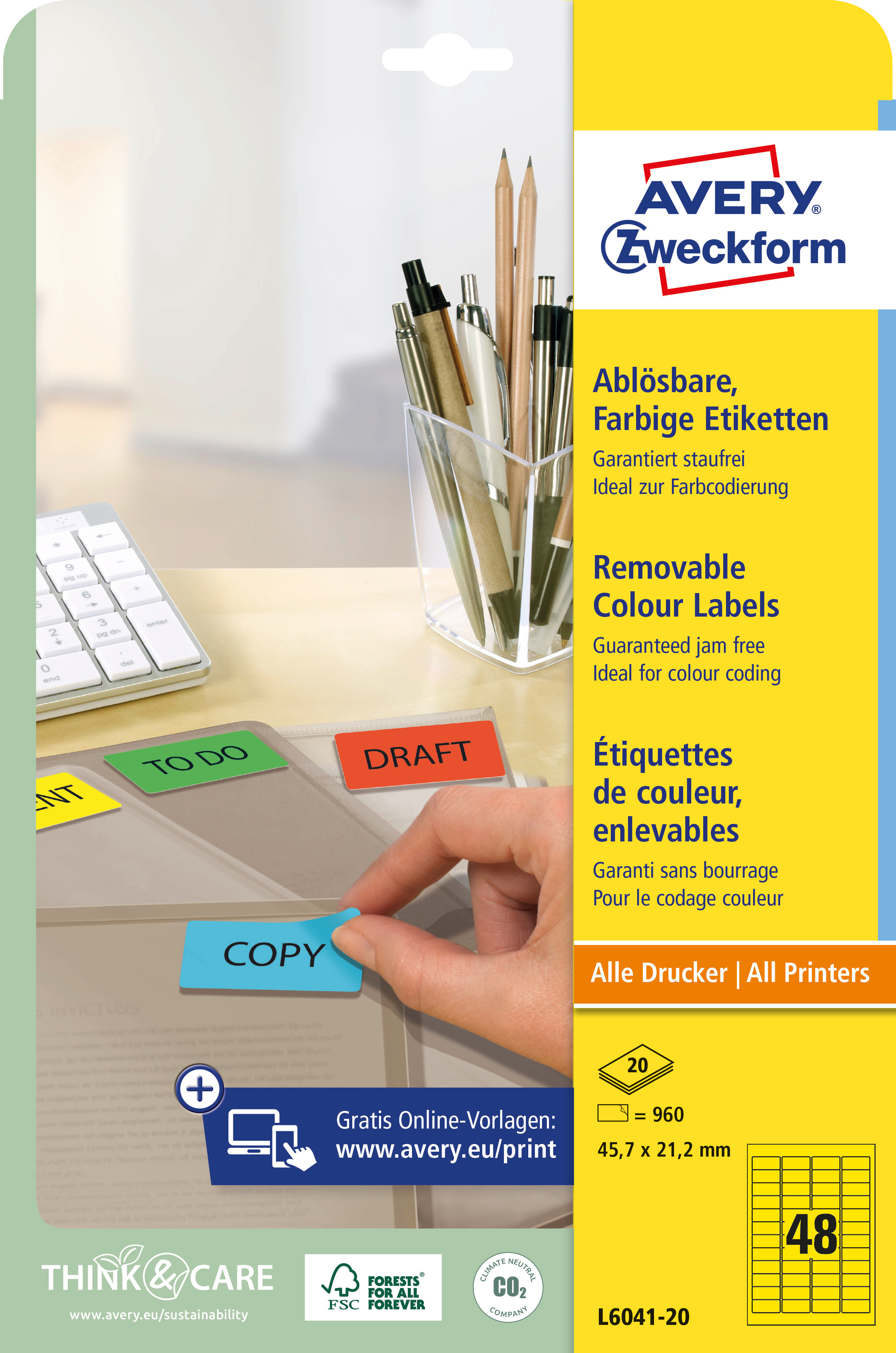 AVERY ZWECKFORM Étiquettes 45,7x21,2mm L6041-20 jaune 960pcs./20fl.