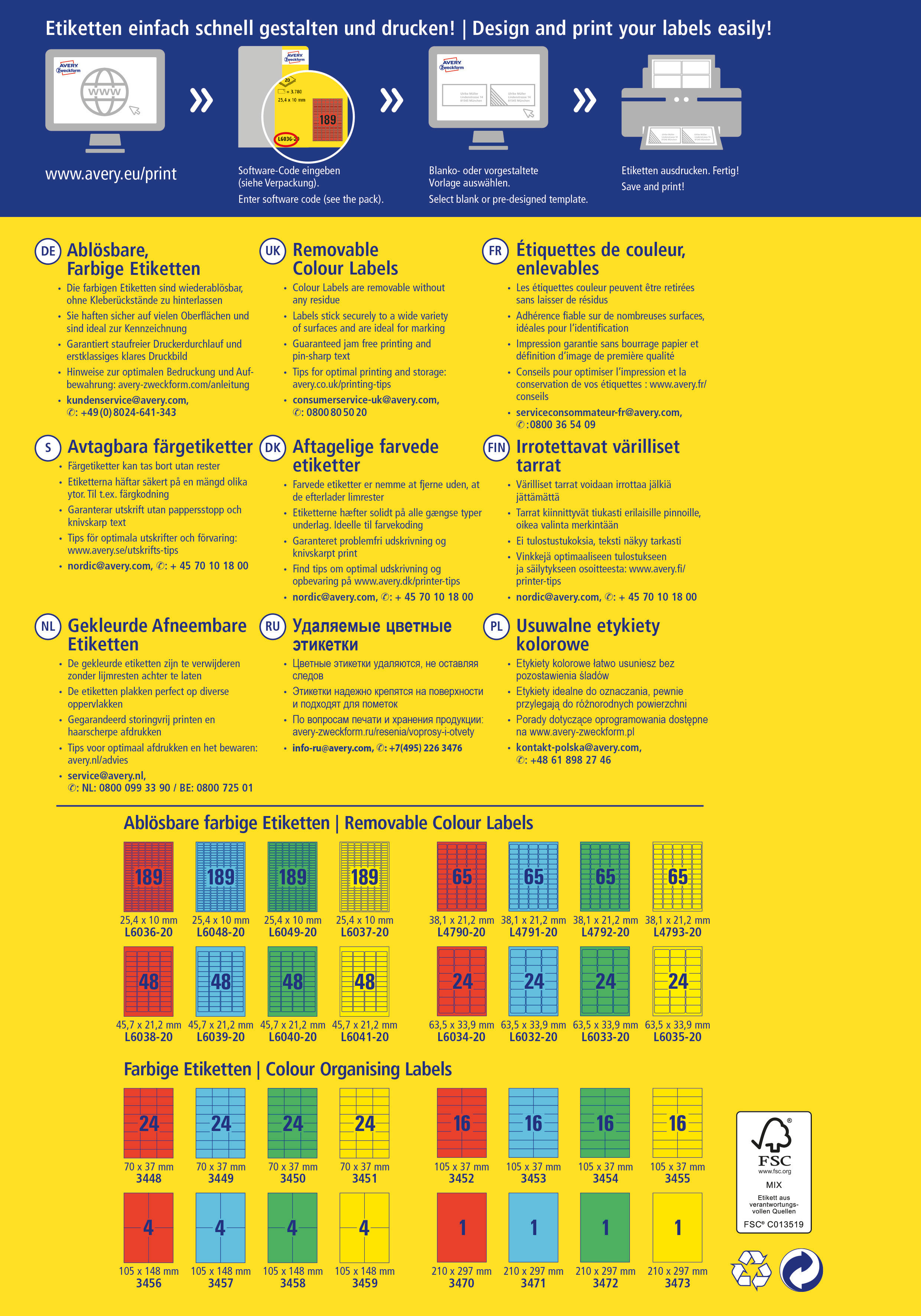 AVERY ZWECKFORM Étiquettes 45,7x21,2mm L6041-20 jaune 960pcs./20fl.