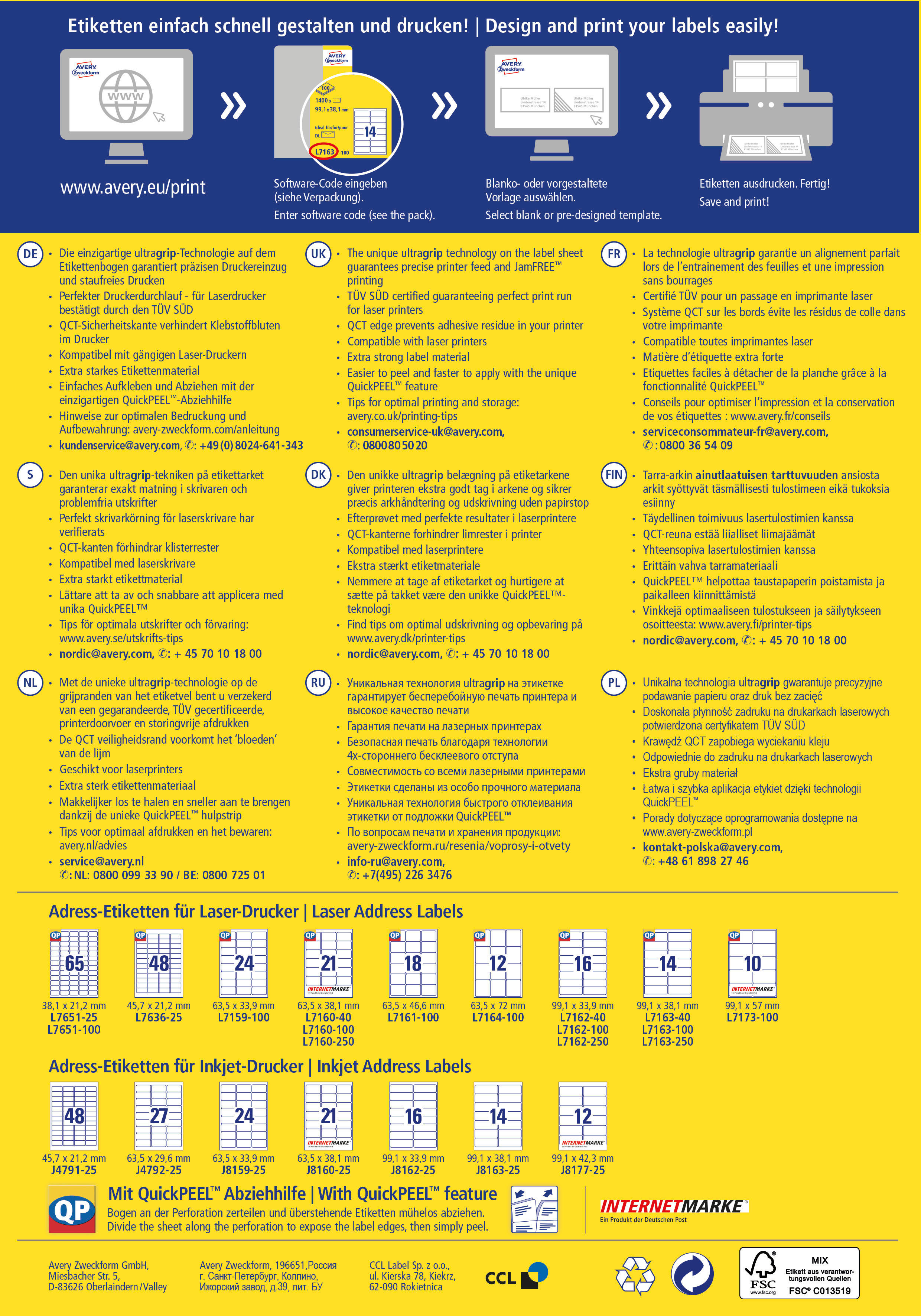 AVERY ZWECKFORM Etiquettes address 63,5x38,1mm L7160-100 blanc 2100 pcs./100 flls.