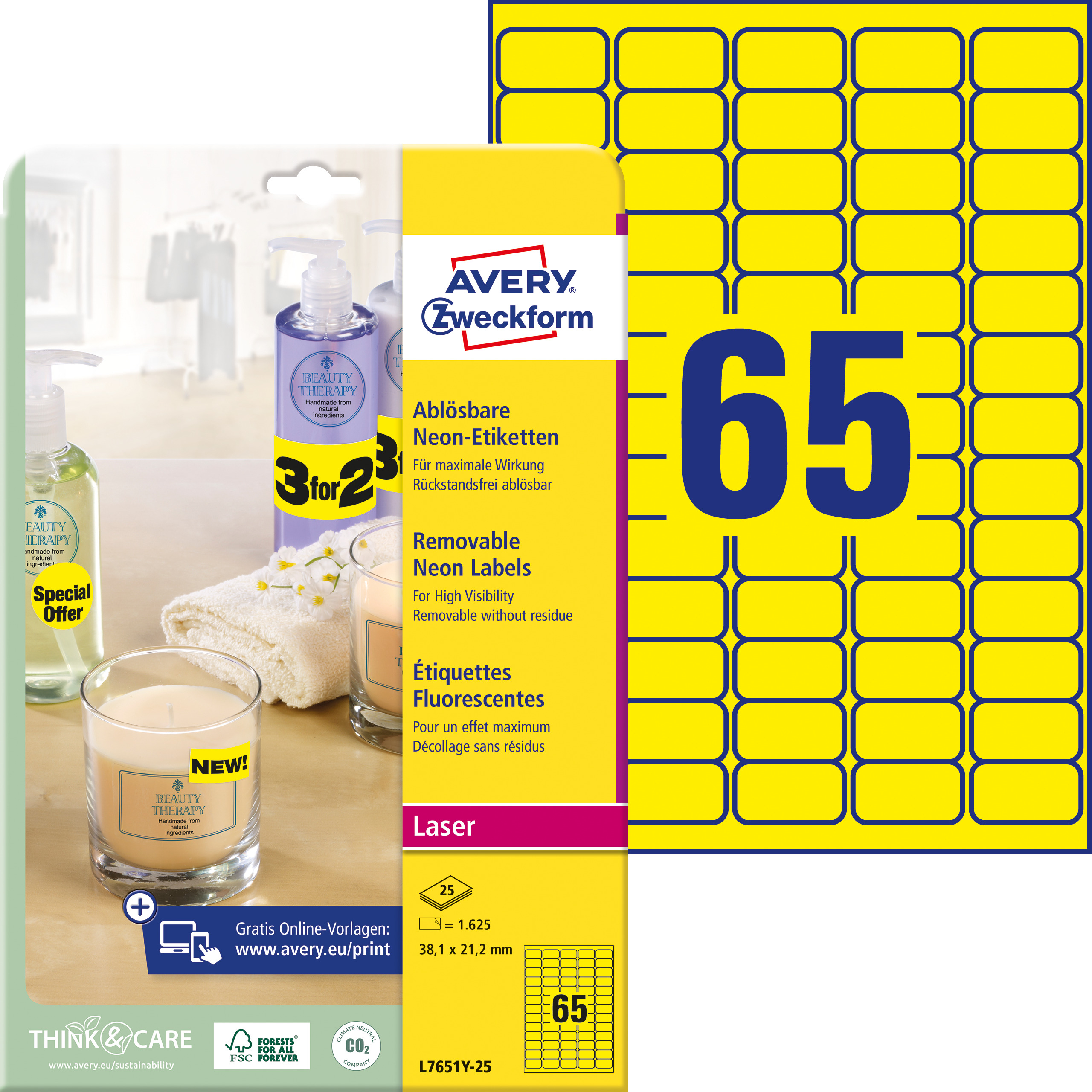 photo AVERY ZWECKFORM Etiquettes 38,1x21,2mm L7651Y-25 jaune 1625 pcs.