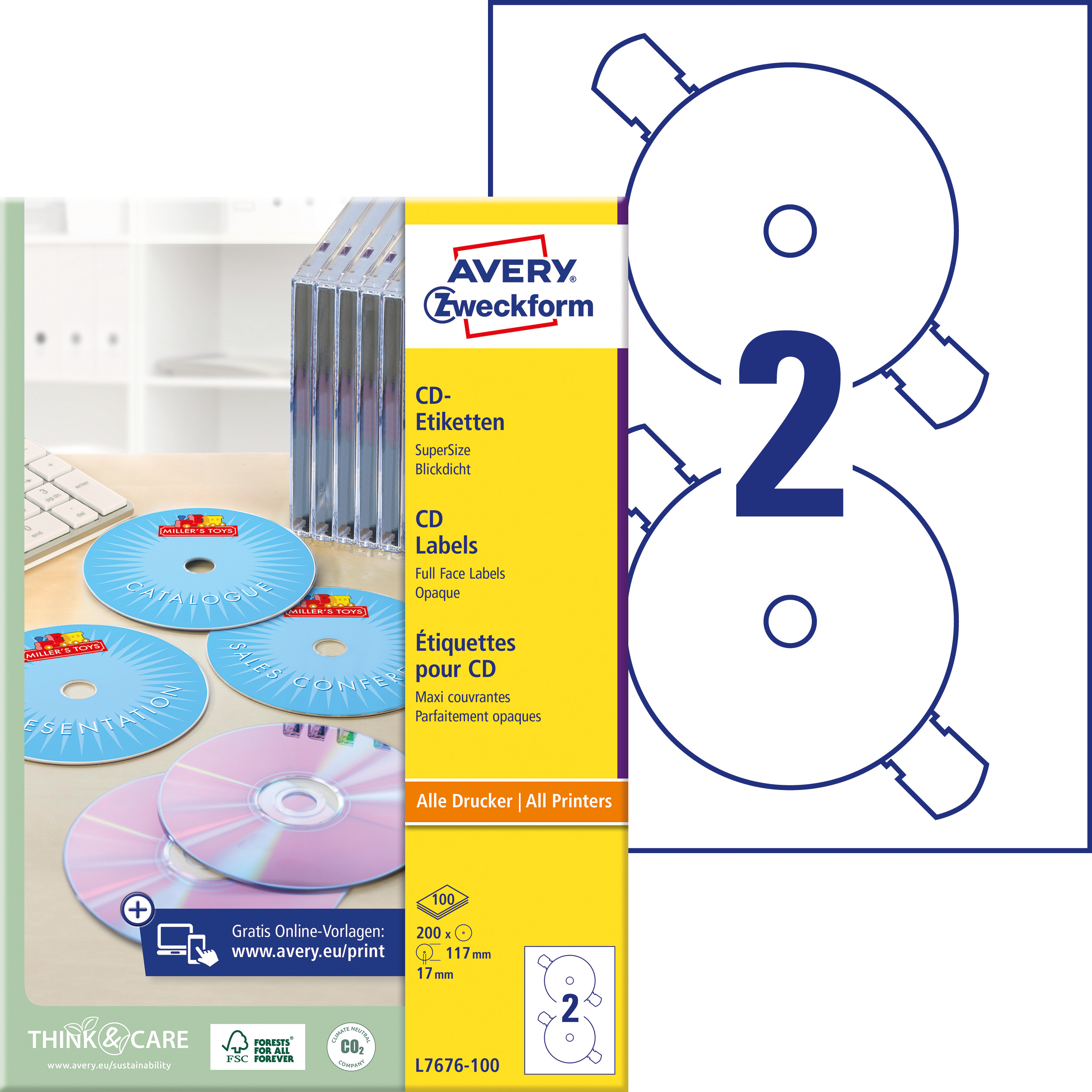 AVERY ZWECKFORM Étiquettes CD/DVD 117mm L7676-100 blanc 200pcs./100fl.