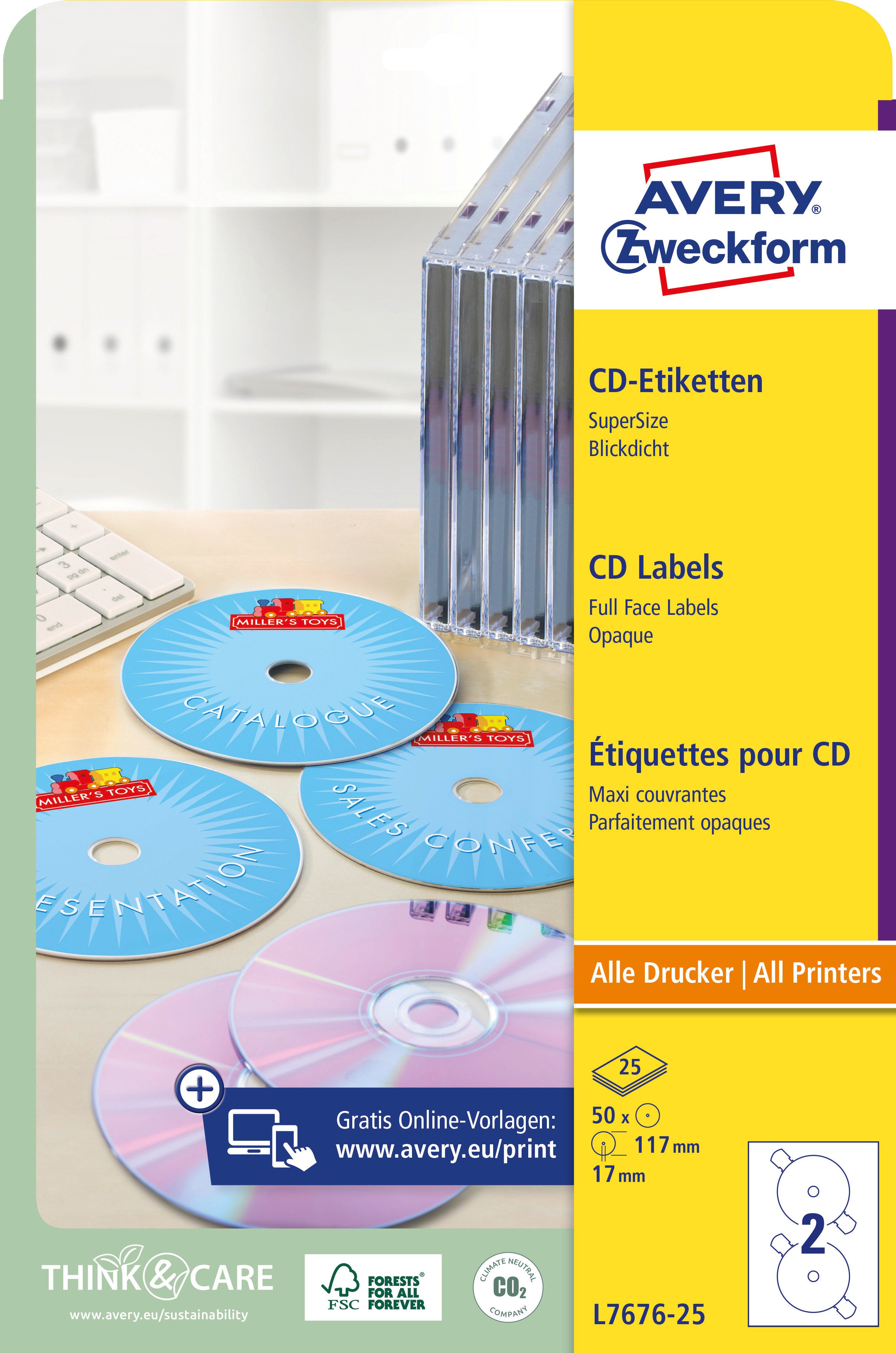 AVERY ZWECKFORM Étiqu. pour CD SuperSize 117mm L7676-25 blanc, permanent 25x2 pcs.