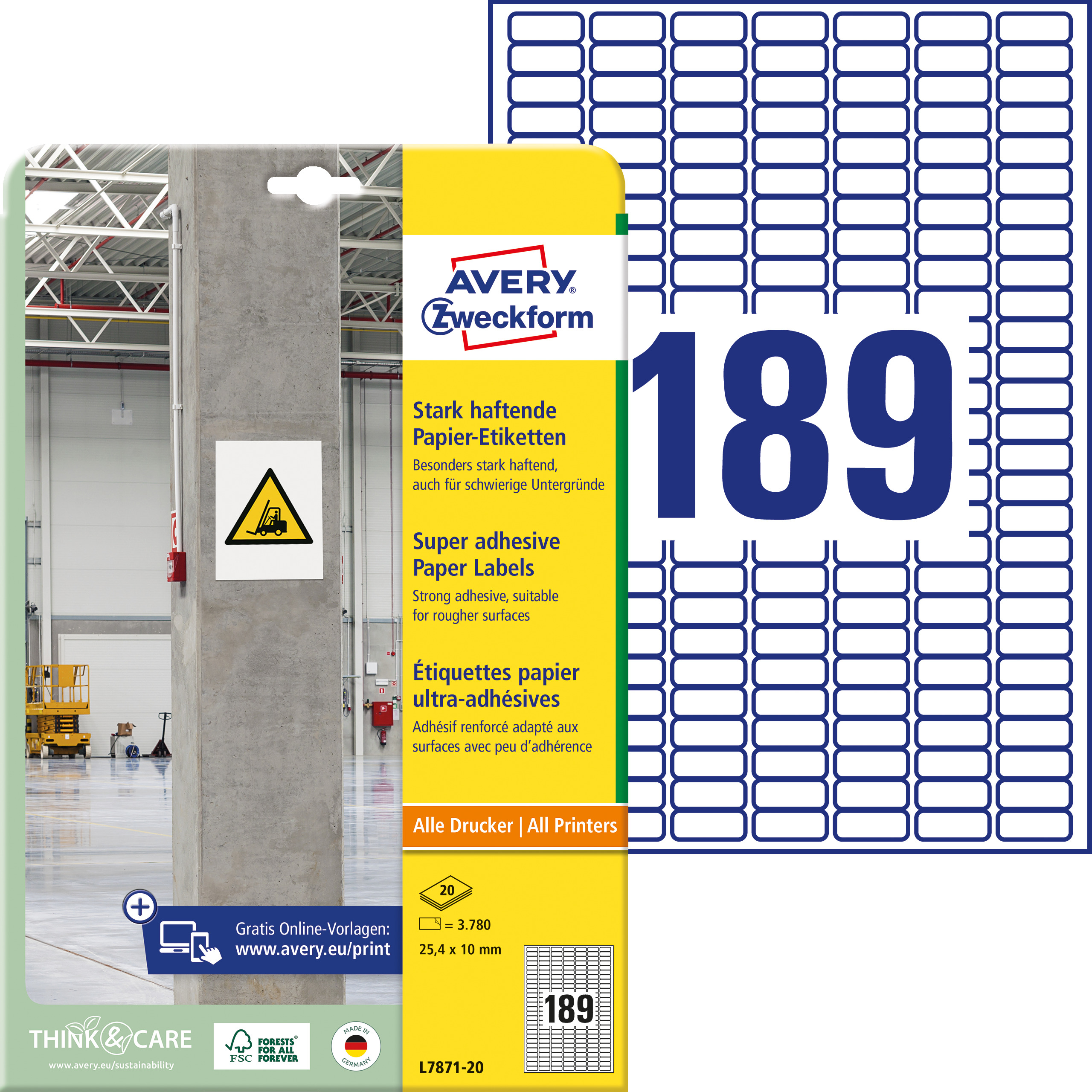 AVERY ZWECKFORM Etiquettes Univ. 25.4x10mm L7871-20 blanc, strong 20 feuilles blanc, strong 20 feuil