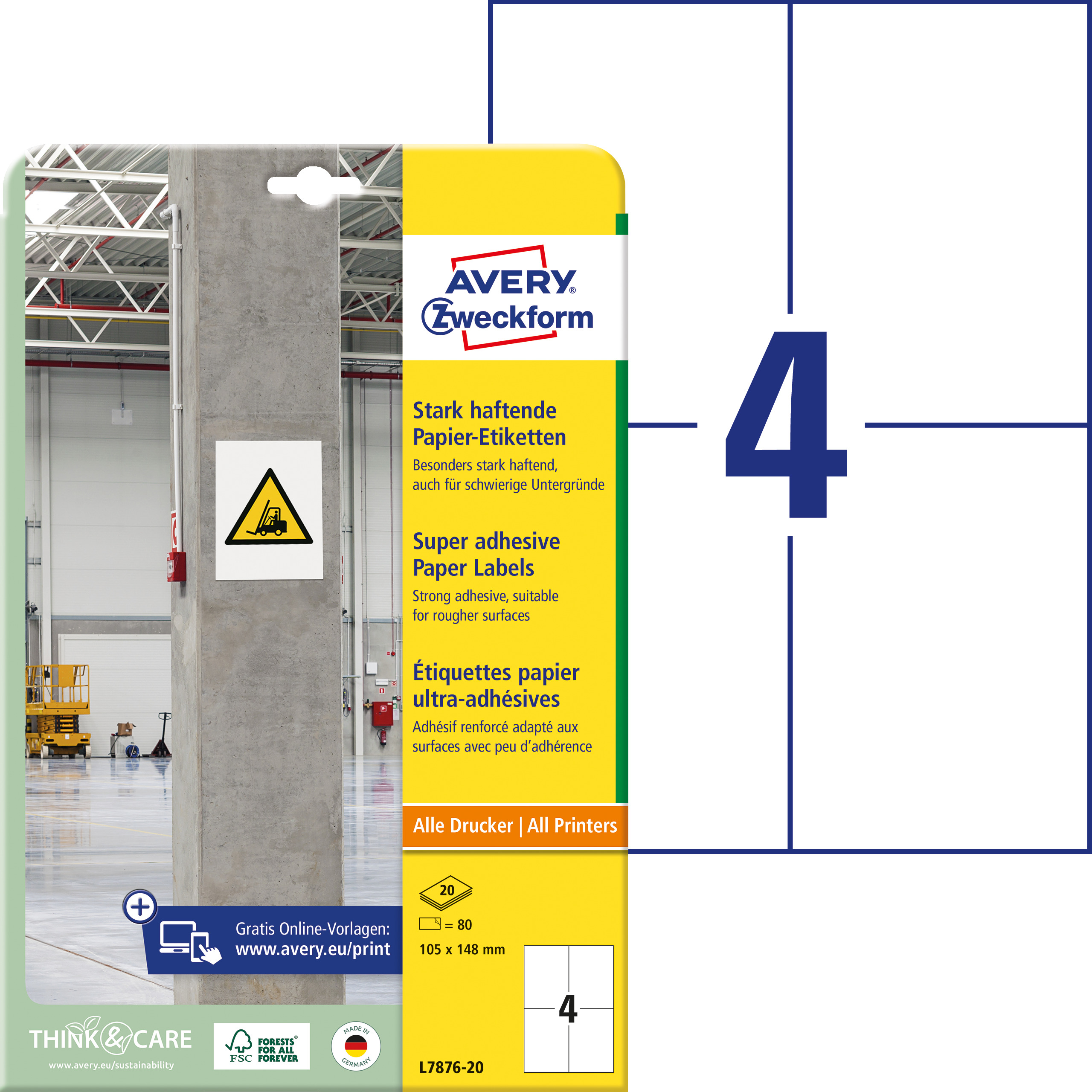 AVERY ZWECKFORM Etiquettes Univ. 105x148mm L7876-20 blanc, strong 20 feuilles blanc, strong 20 feuil