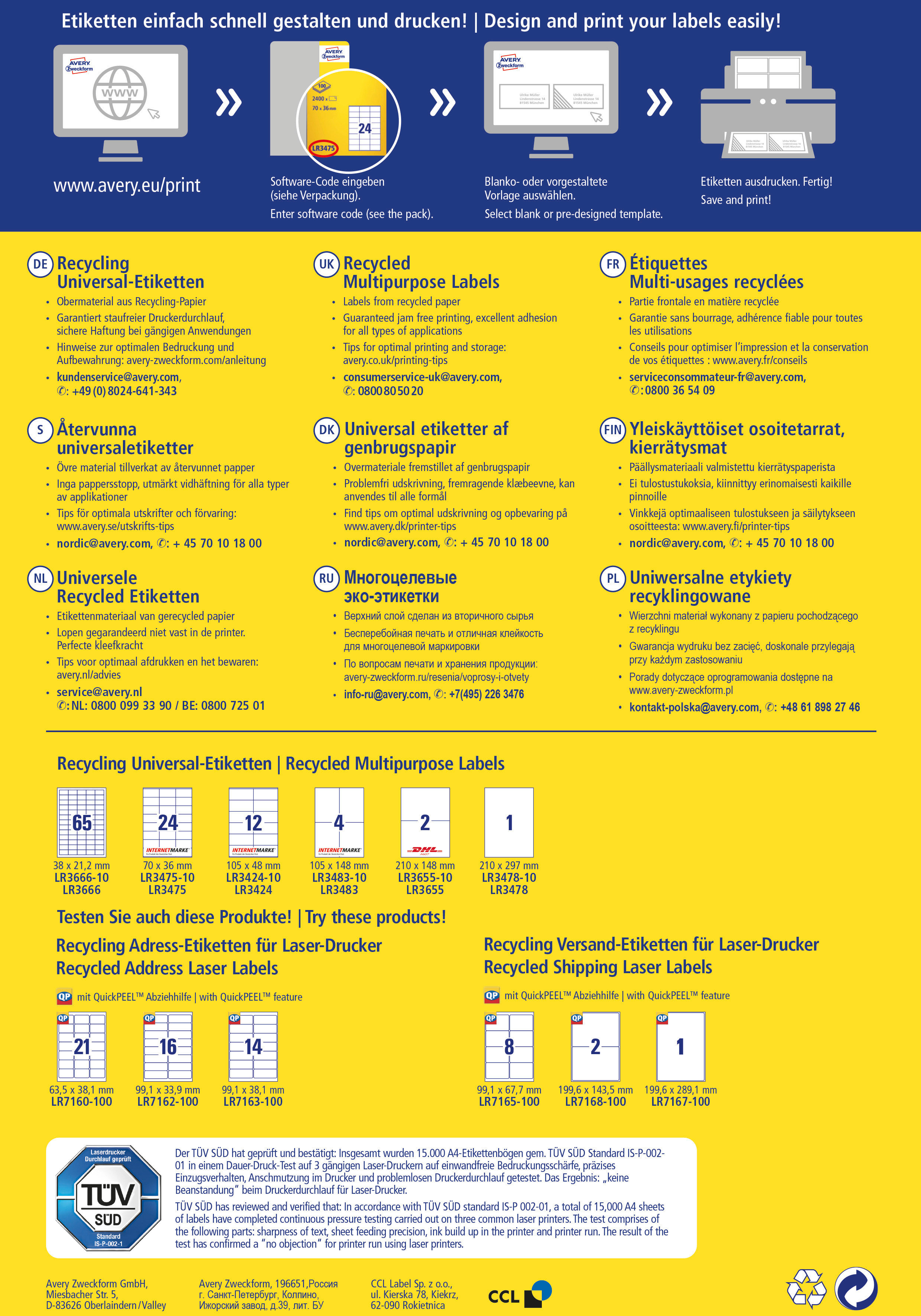 AVERY ZWECKFORM Etiquettes 70x36mm LR3475 recycling 2400 pcs.