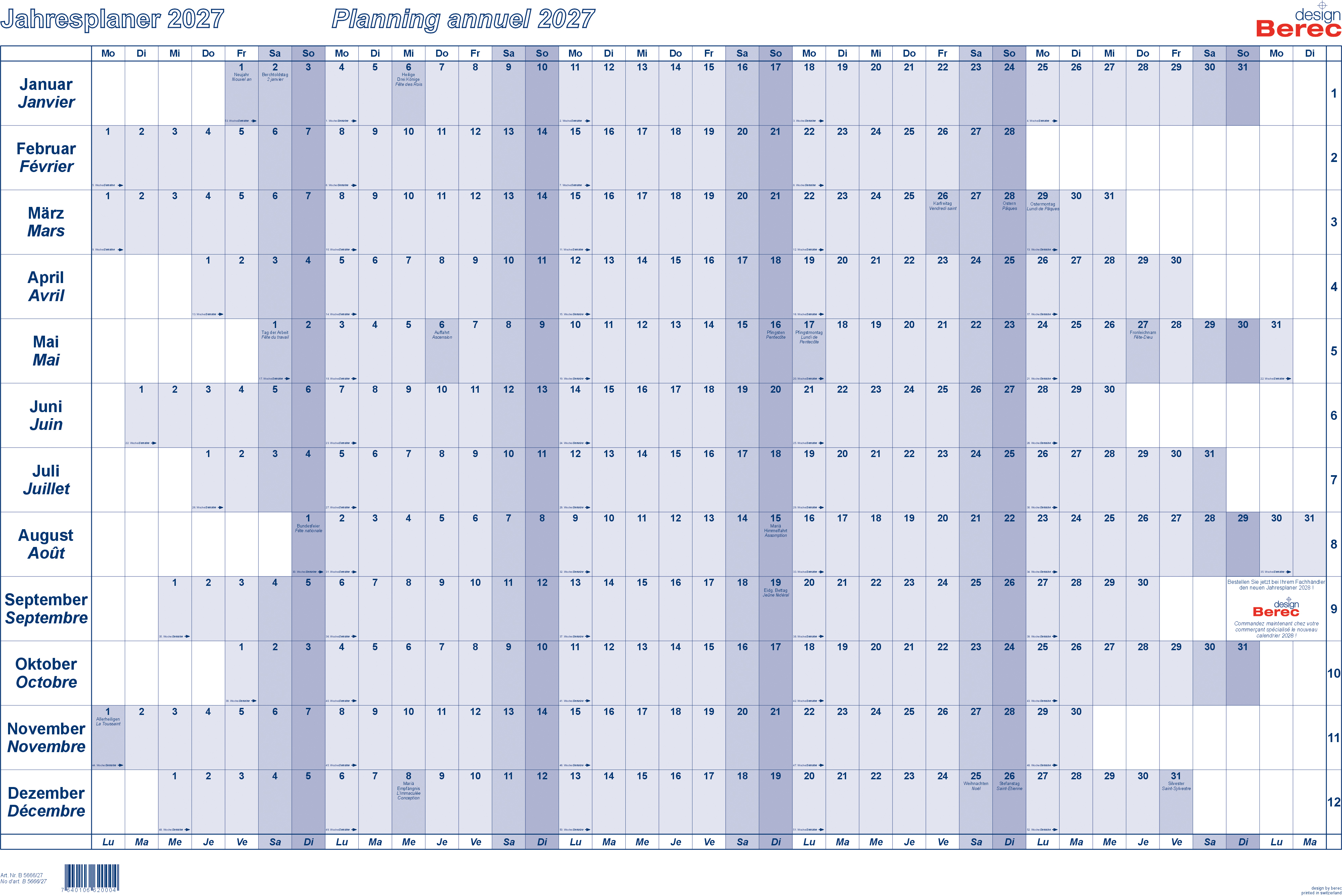 photo BEREC Plan annuel horizontal 2027 B 5666/27 1A/1P bleu 60x90cm