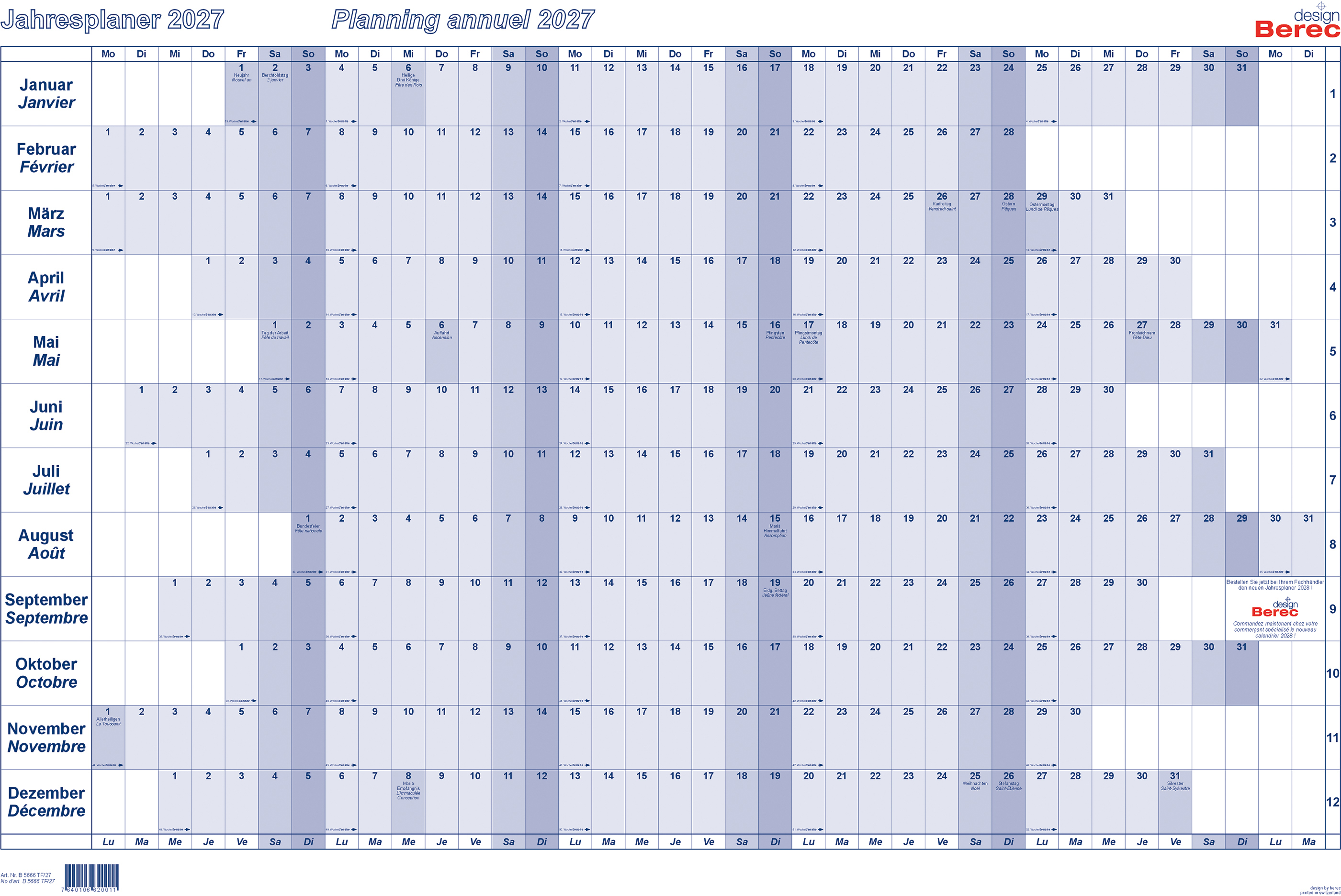 photo BEREC Plan annuel horizontal 2027 B 5666 TF/27 1A/1P bleu plastifié 60x90cm