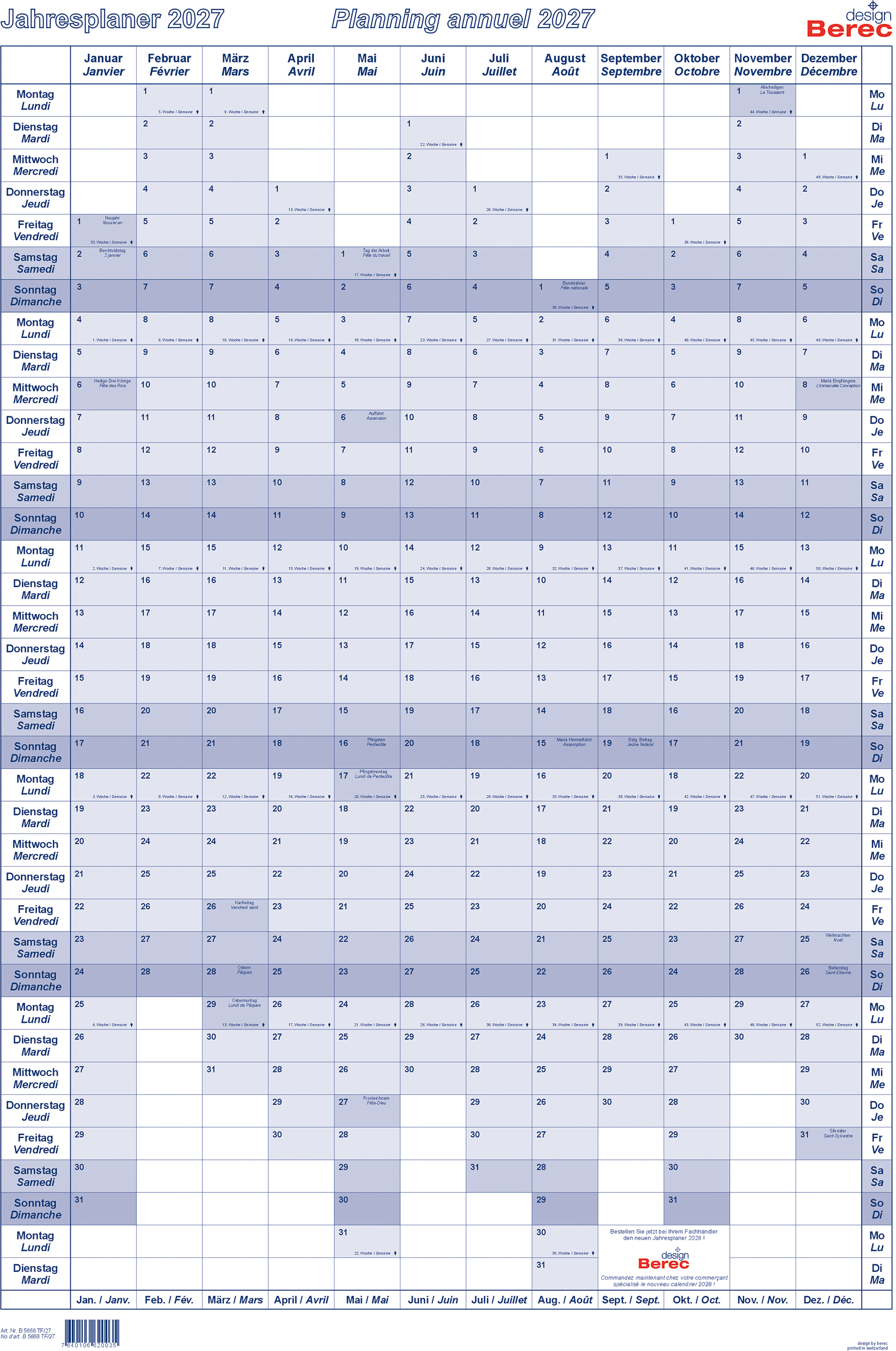 photo BEREC Plan annuel vertical 2027 B 5668 TF/27 1A/1P bleu plastifié 90x60cm