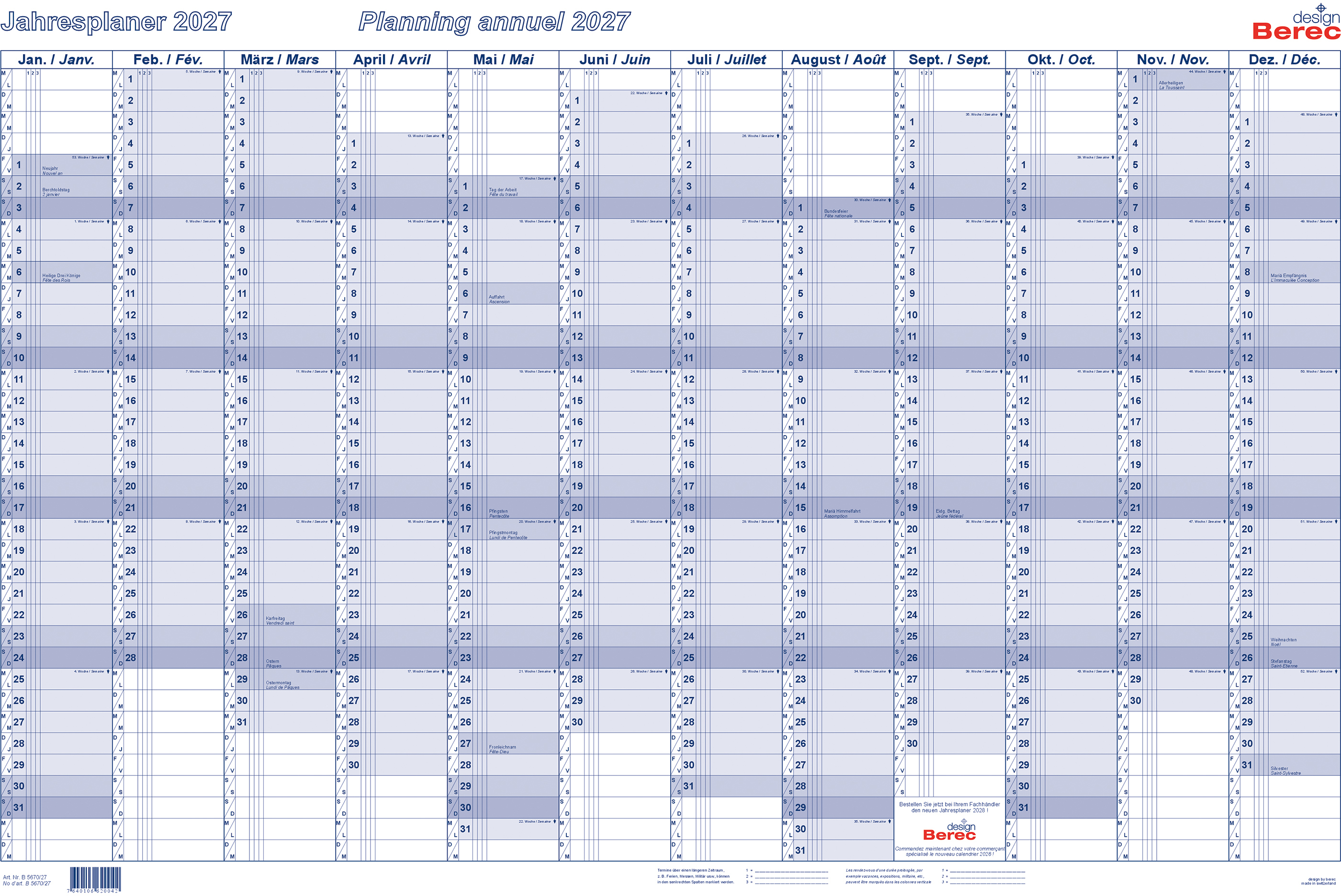 photo BEREC Plan annuel horizontal 2027 B 5670/27 1A/1P bleu 60x90cm