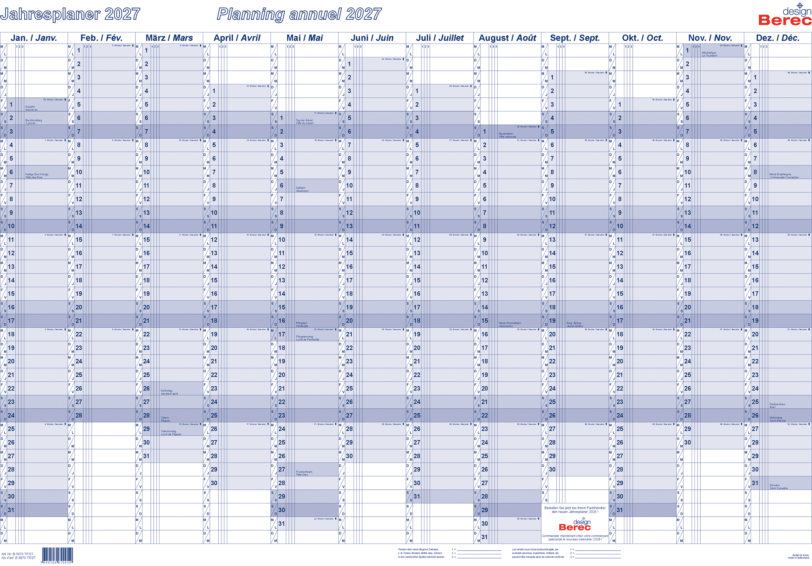 photo BEREC Plan annuel horizontal 2027 B 5670 TF/27 1A/1P bleu plastifié 60x90cm