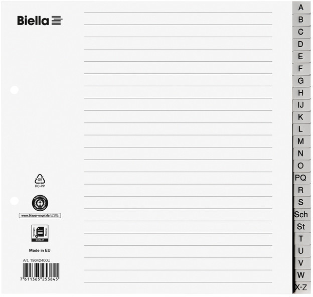 BIELLA Répertoires PP gris A4 19642400U 24 pcs. a-z demi-format