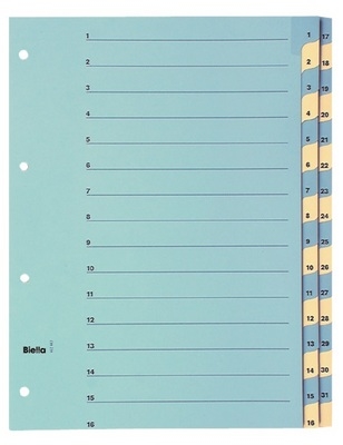 BIELLA Register Karton A4 1-31 nummeriert 4-fach Lochung blau/gelb<br>