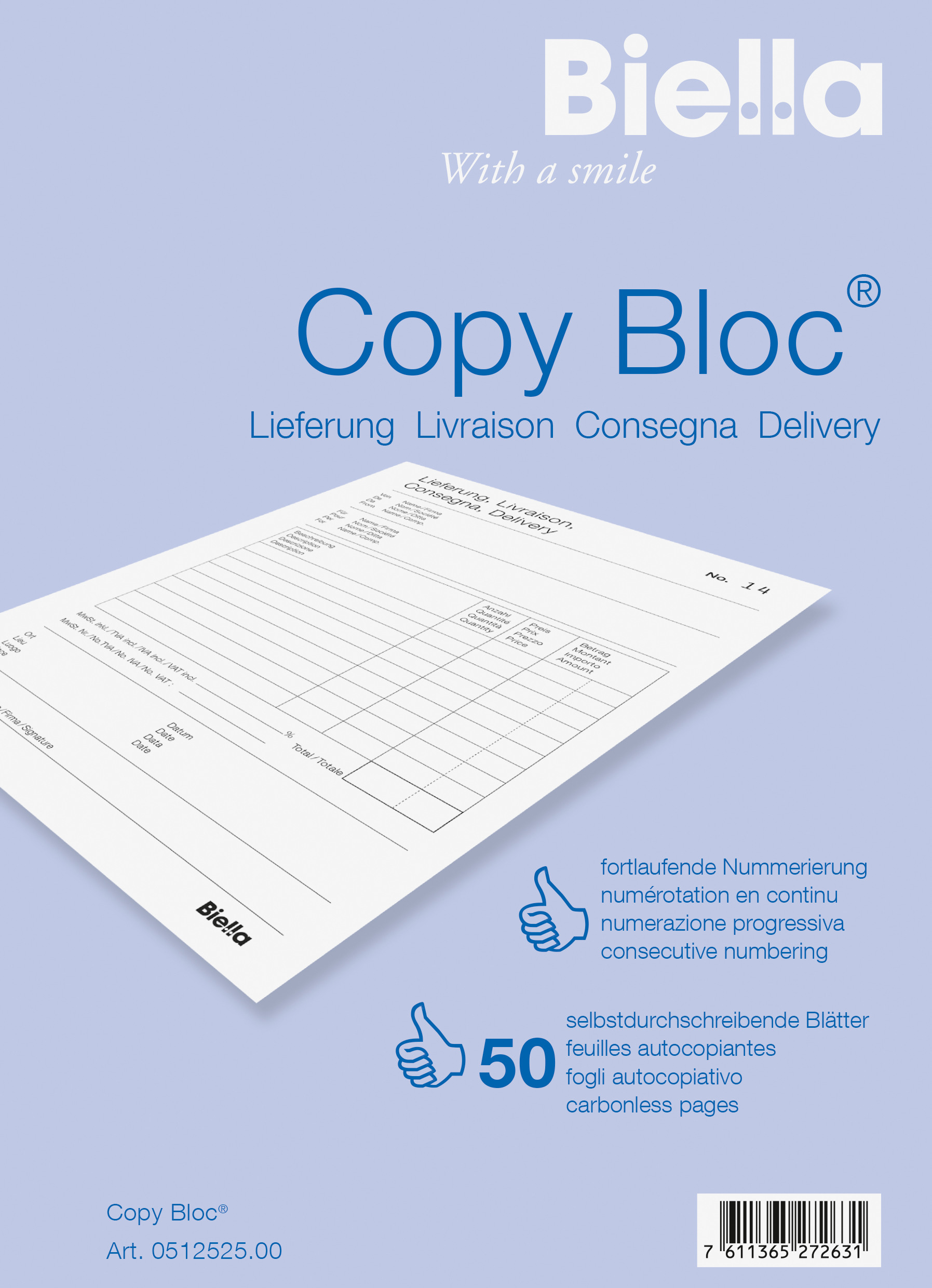 BIELLA Bul.livr. COPY-BLOC D/F/I/E A5 51252500U autocopiante 50x2 feuilles