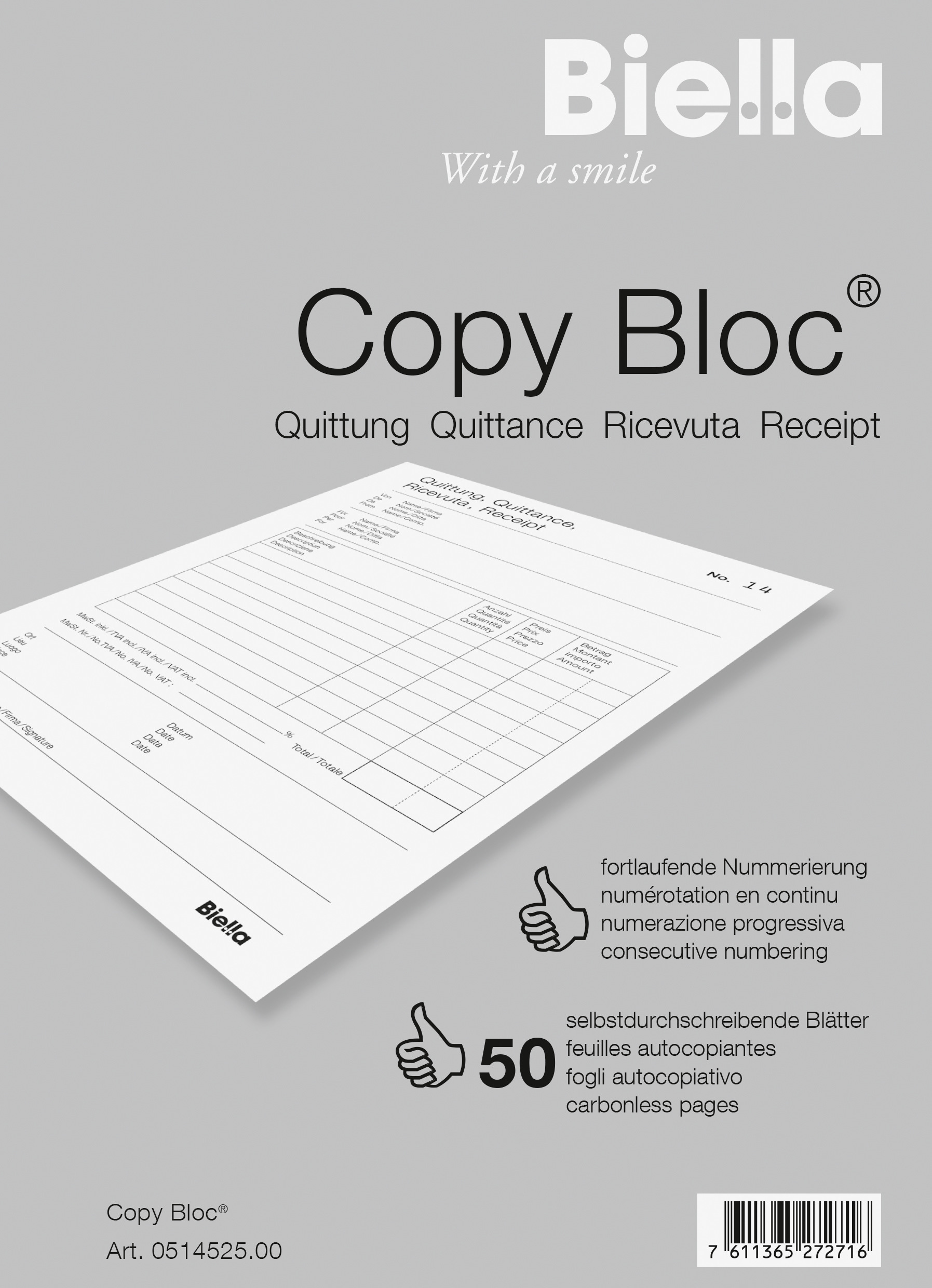 BIELLA Quittance COPY-BLOC D/F/I/E A5 51452500U autocopiante 50x2 feuilles