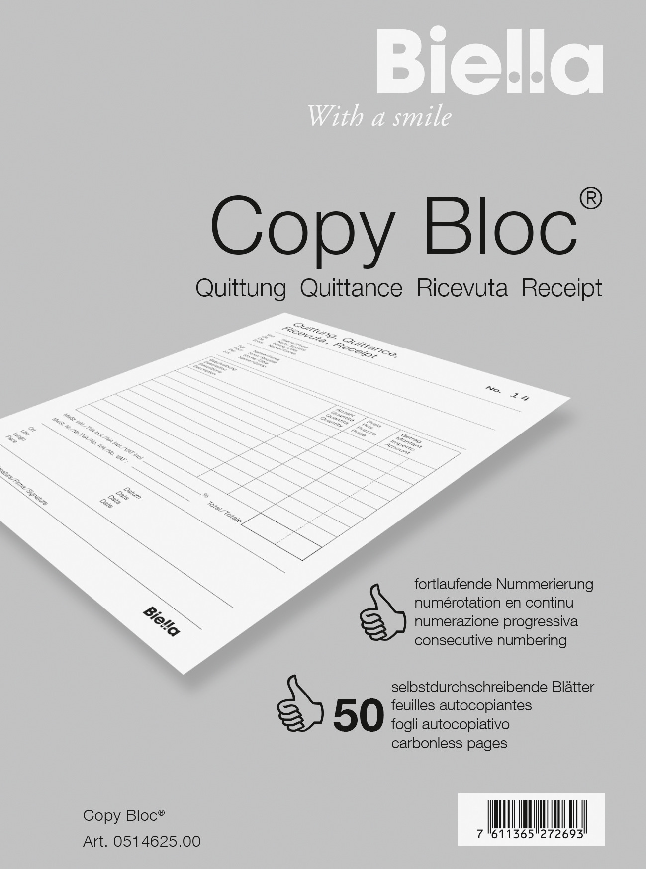 BIELLA Quittance COPY-BLOC D/F/I/E A6 51462500U autocopiante 50x2 feuilles