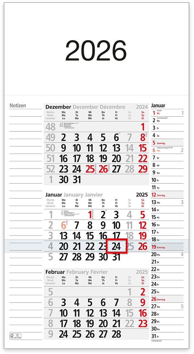 photo BÜHNER Calendrier de 3 mois 2026 M3KPNBL-R-FS ML 30x56cm