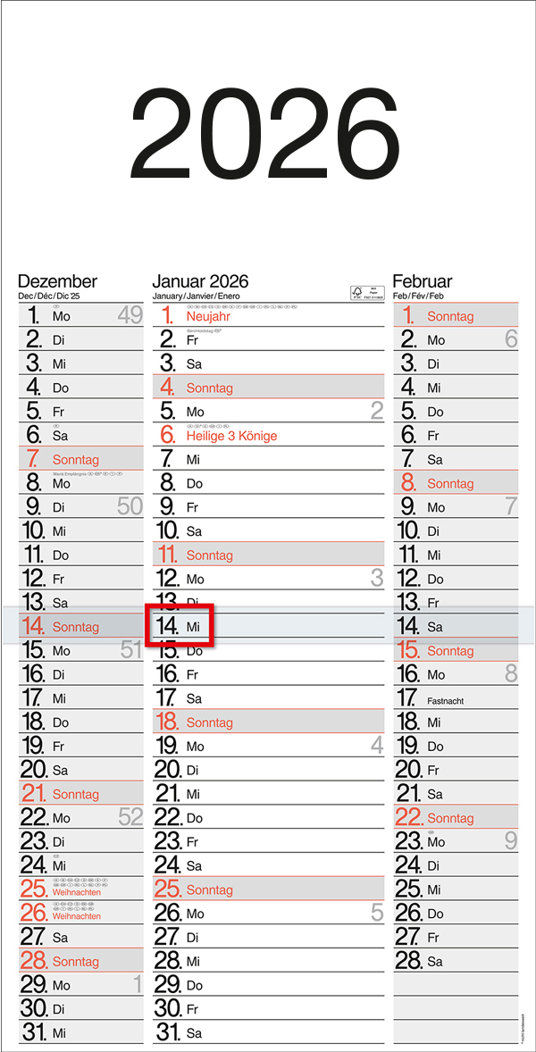photo BÜHNER Calendrier de 3 mois 2026 M3TE-R-BLOCK ML 30x59cm