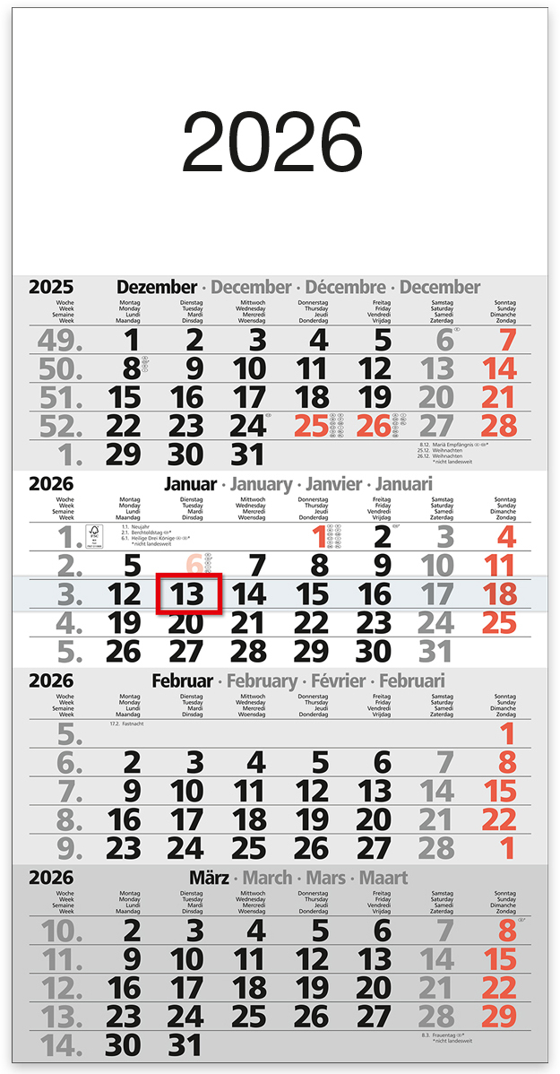 photo BÜHNER Calendrier de 4 mois 2026 M4MF-R-BLOCK ML 30x59cm