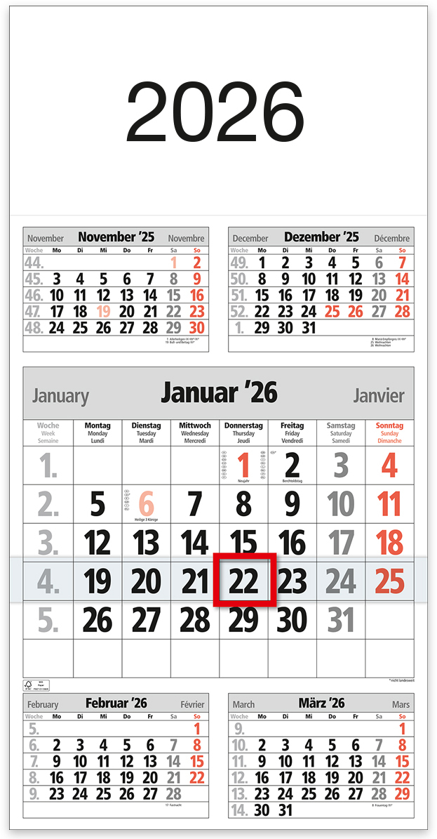 photo BÜHNER Calendrier de 5 mois 2026 M5TF-R-Block ML 30x59cm