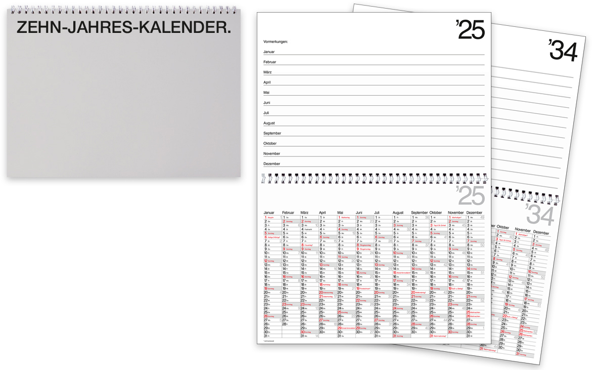 BÜHNER Calendrier de 10 ans DE 2025 ZK-Deckel-Silber-FE 1A/1P jusq'à 2033 29.7x21cm