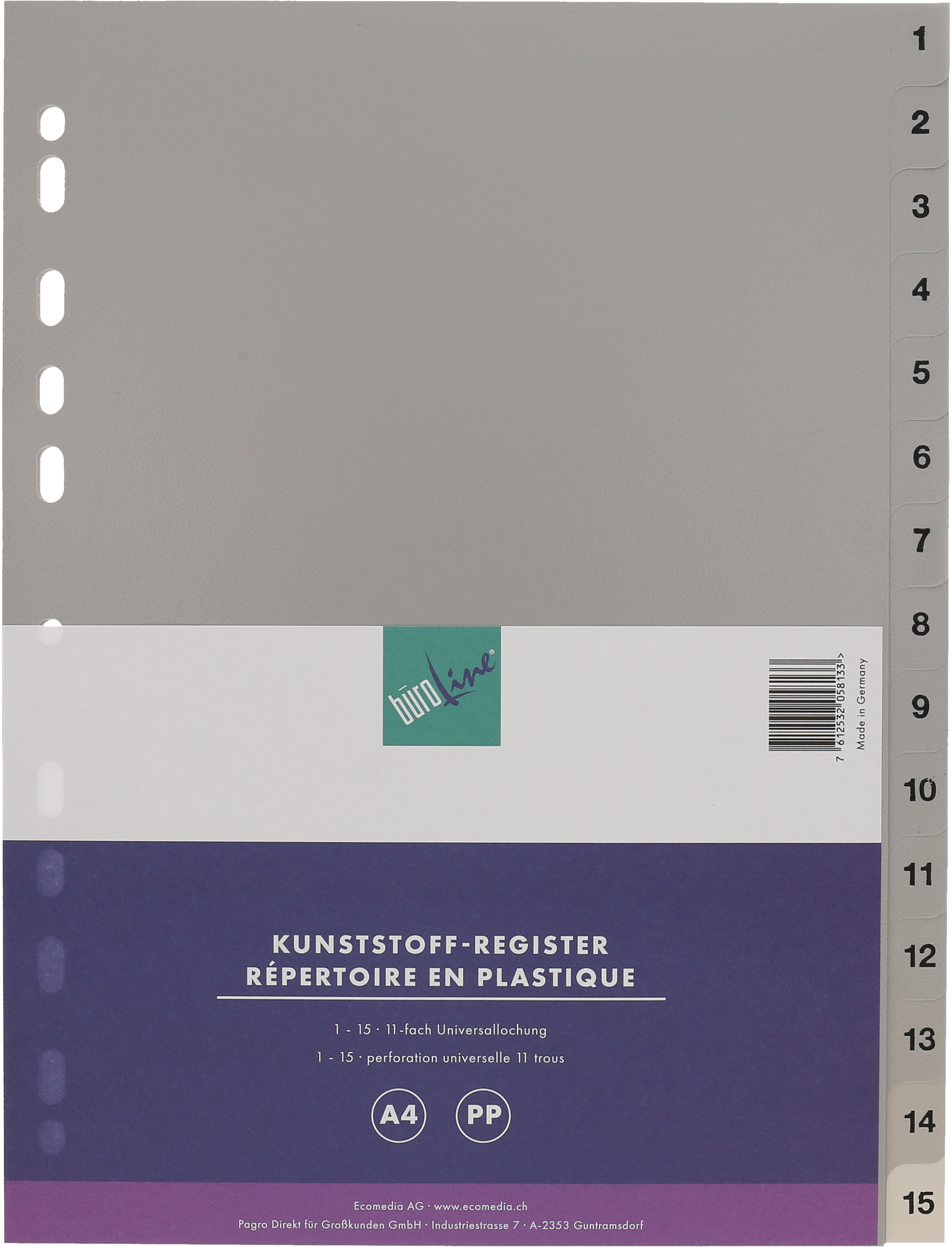 BÜROLINE Répertoires PP gris A4 40940 1-15