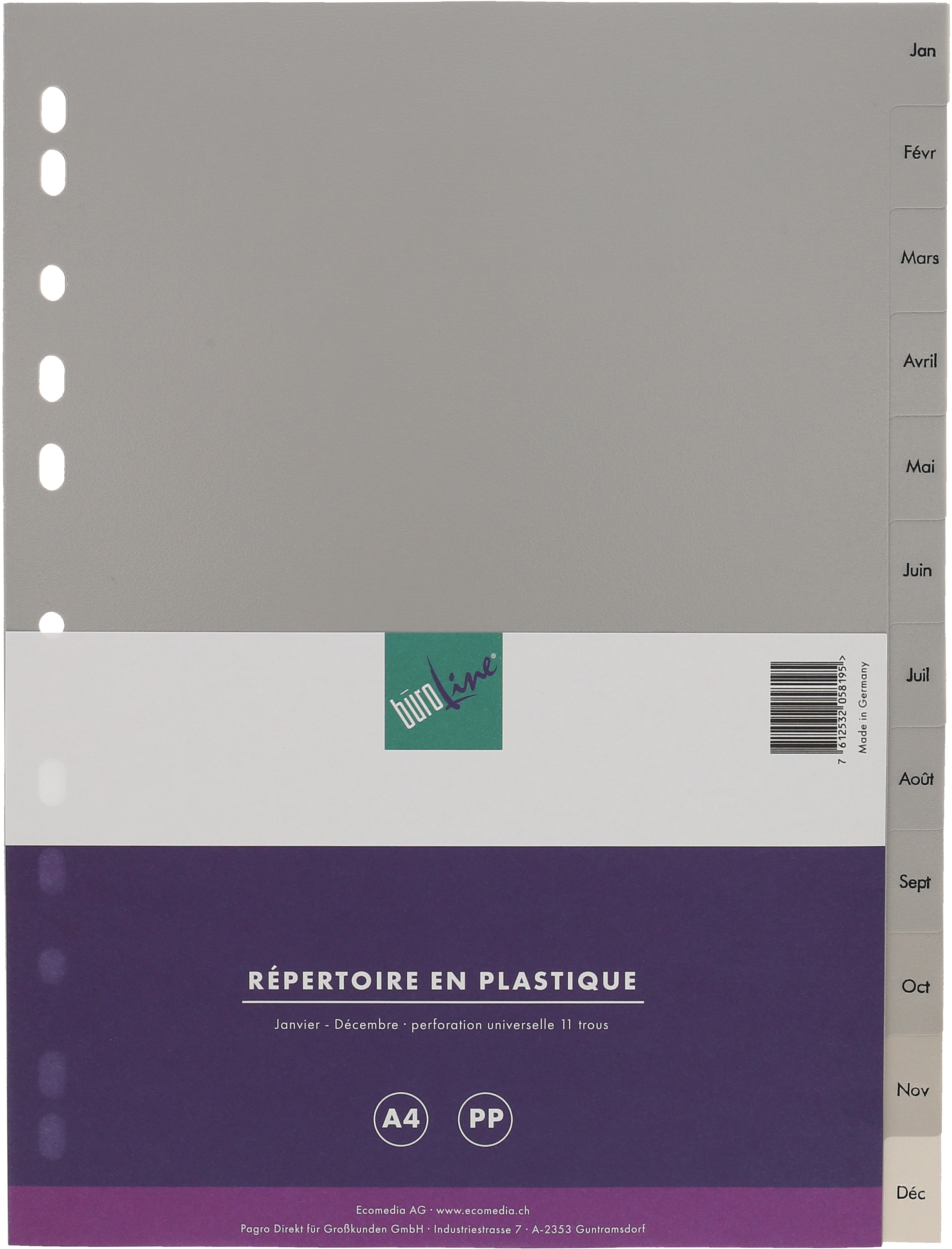 photo BÜROLINE Répertoires PP A4 40953 gris Jan-Dec FR