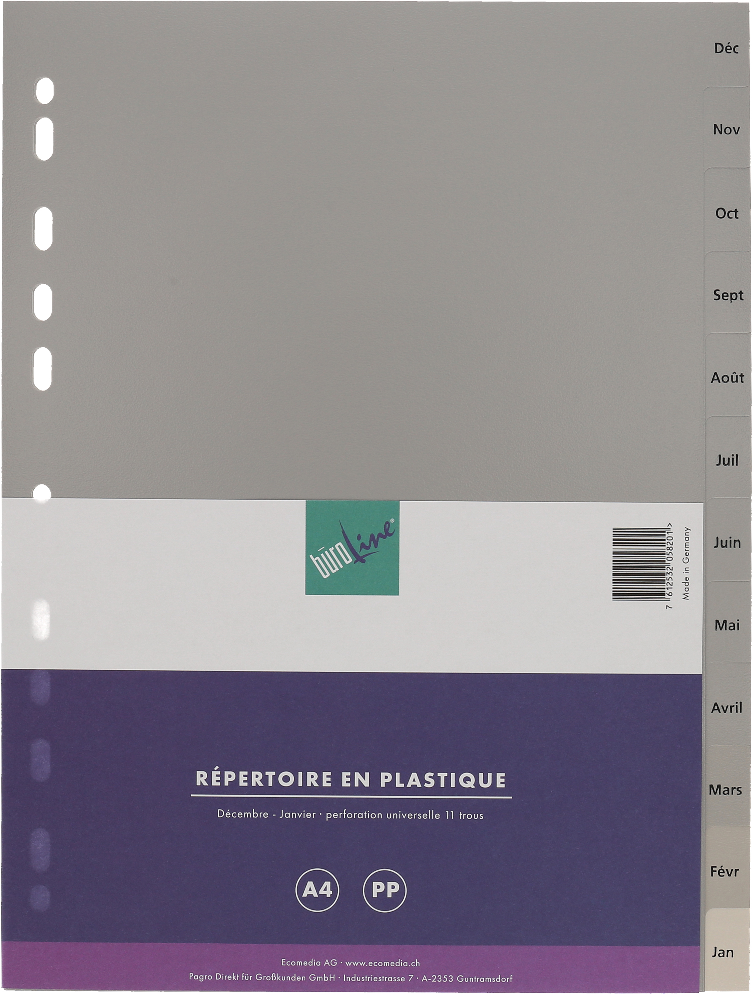 photo BÜROLINE Répertoires PP A4 40955 gris Déc-Jan FR