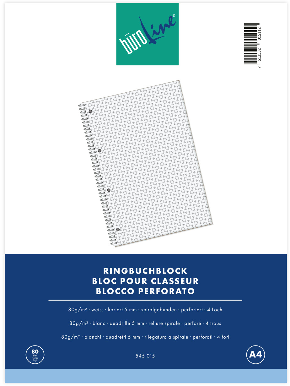 BÜROLINE Bloc carnet à anneaux A4 545015 quadrillé, 80g,5mm 80 feuilles