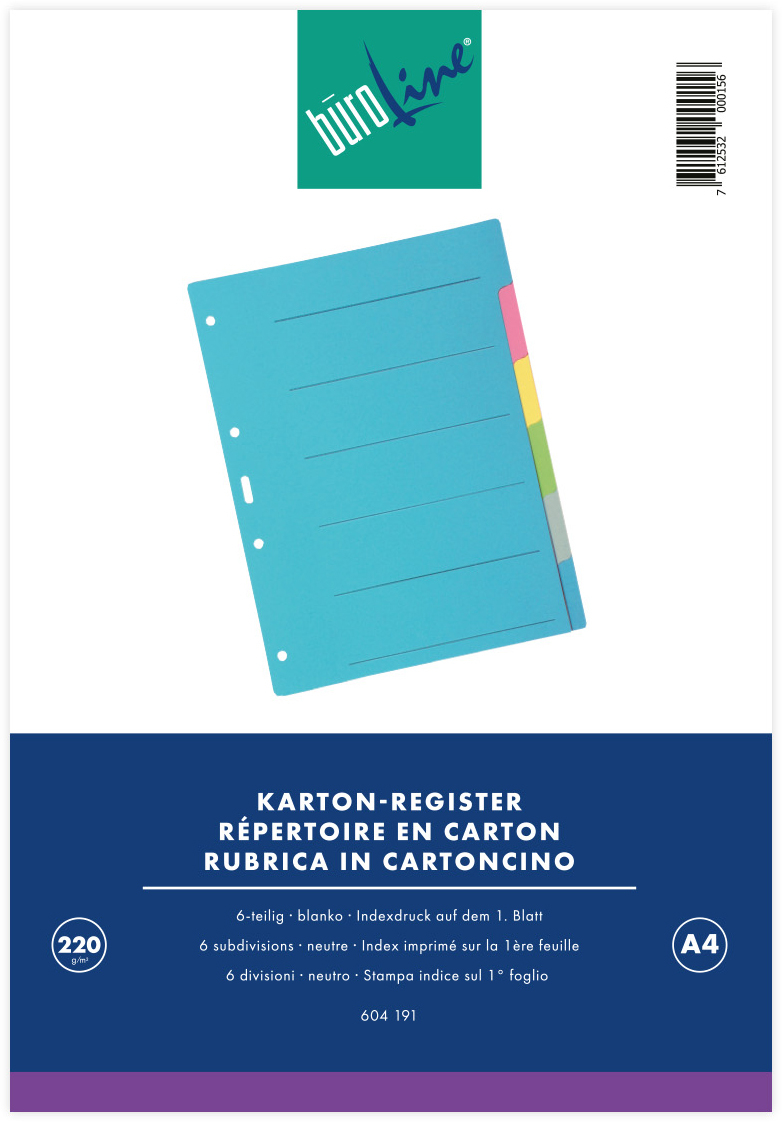 BüroLine Register 6-teilig Recycling Karton farbig<br>
