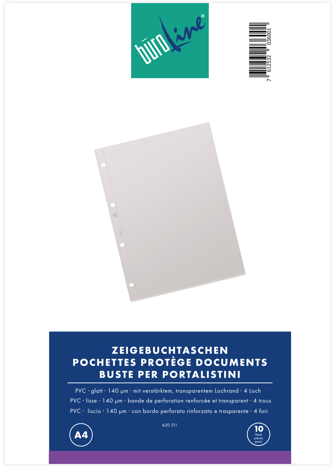 BÜROLINE Poches PVC 140 my A4 620211 transparent, lisse 10 pcs.