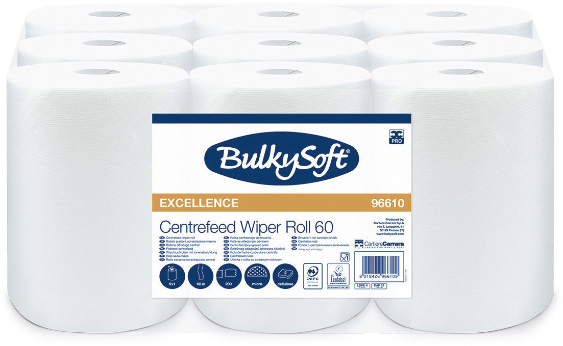 photo BULKYSOFT Rouleau de chiffons2x 60m,22cm 26255 Midi, Premium blanc 9 rouleaux